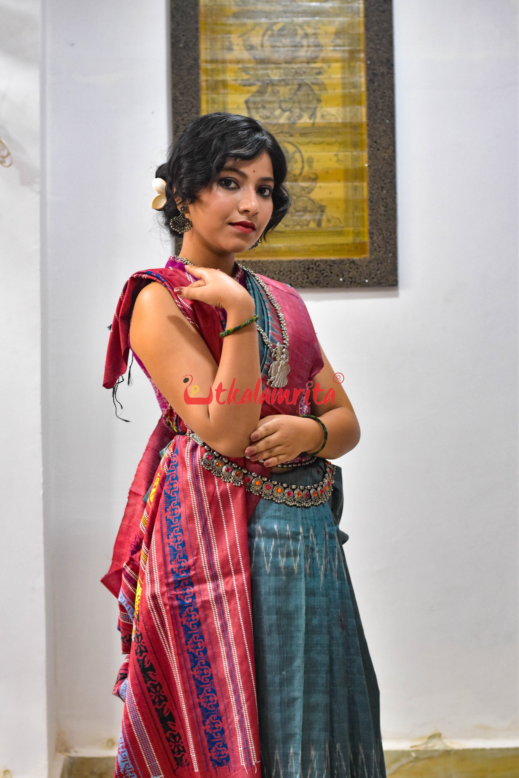 Teal with Maroon Jaala Tussar Silk Saree