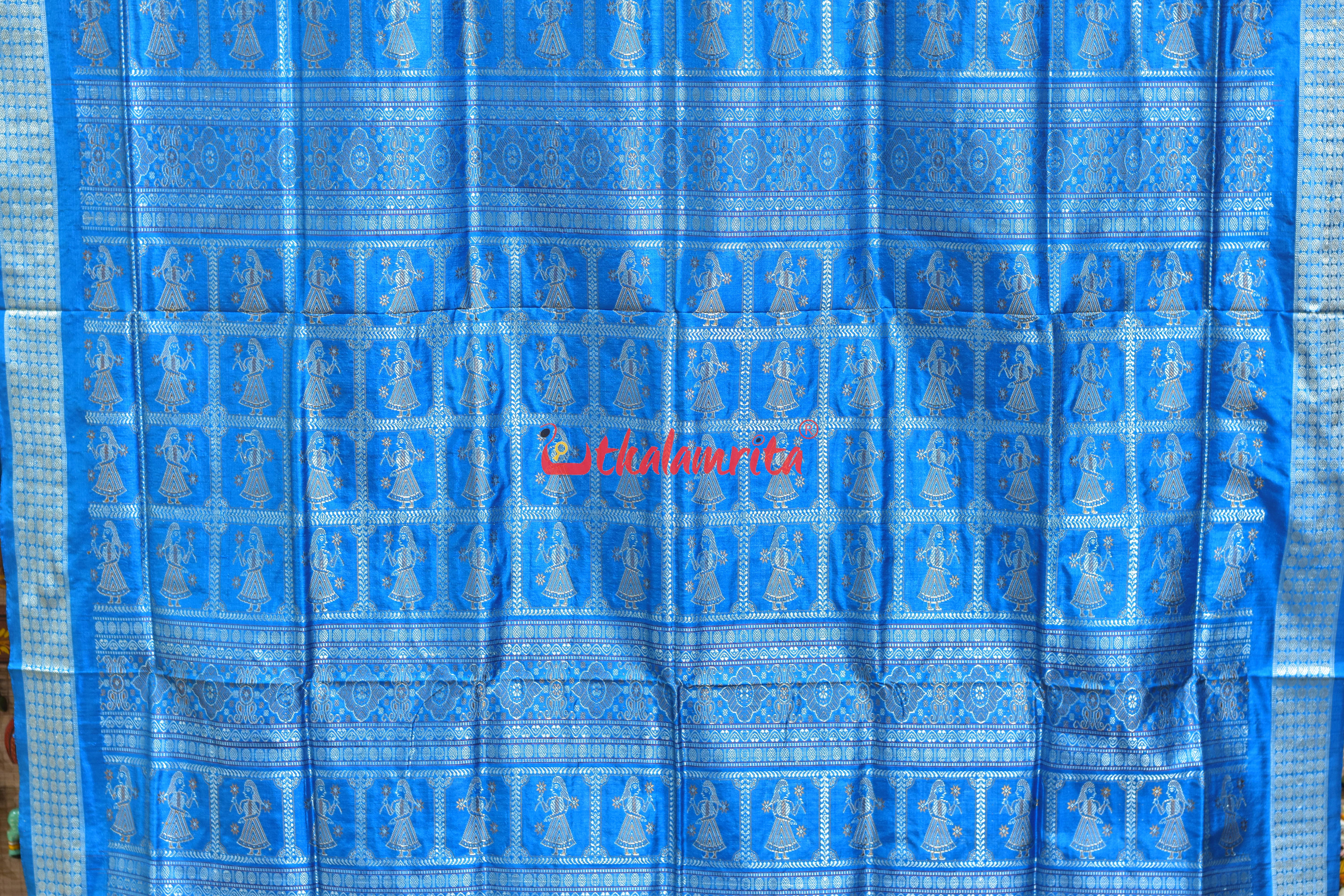 Red Flower Body with Blue Border Bomkai Silk Saree