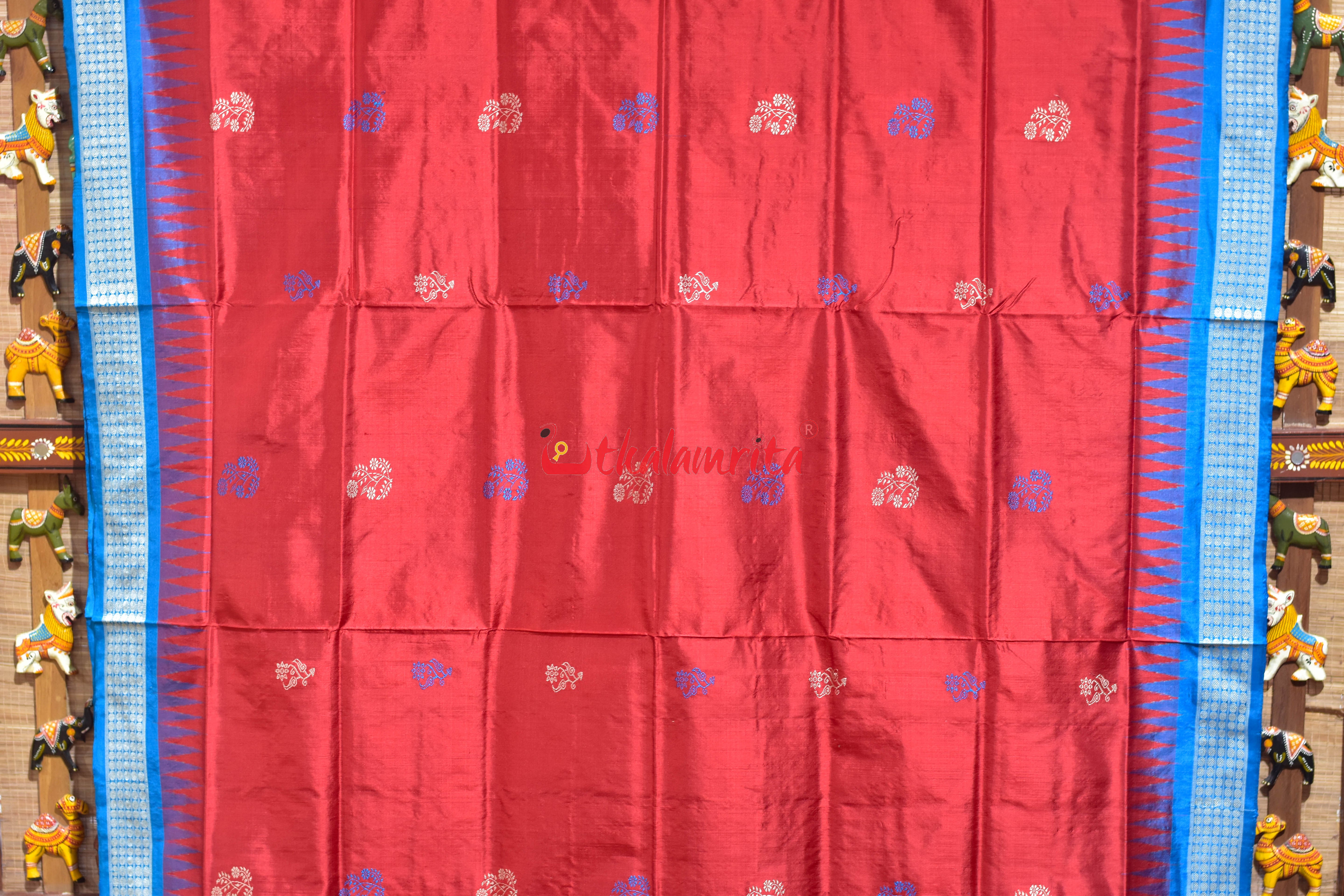Red Flower Body with Blue Border Bomkai Silk Saree