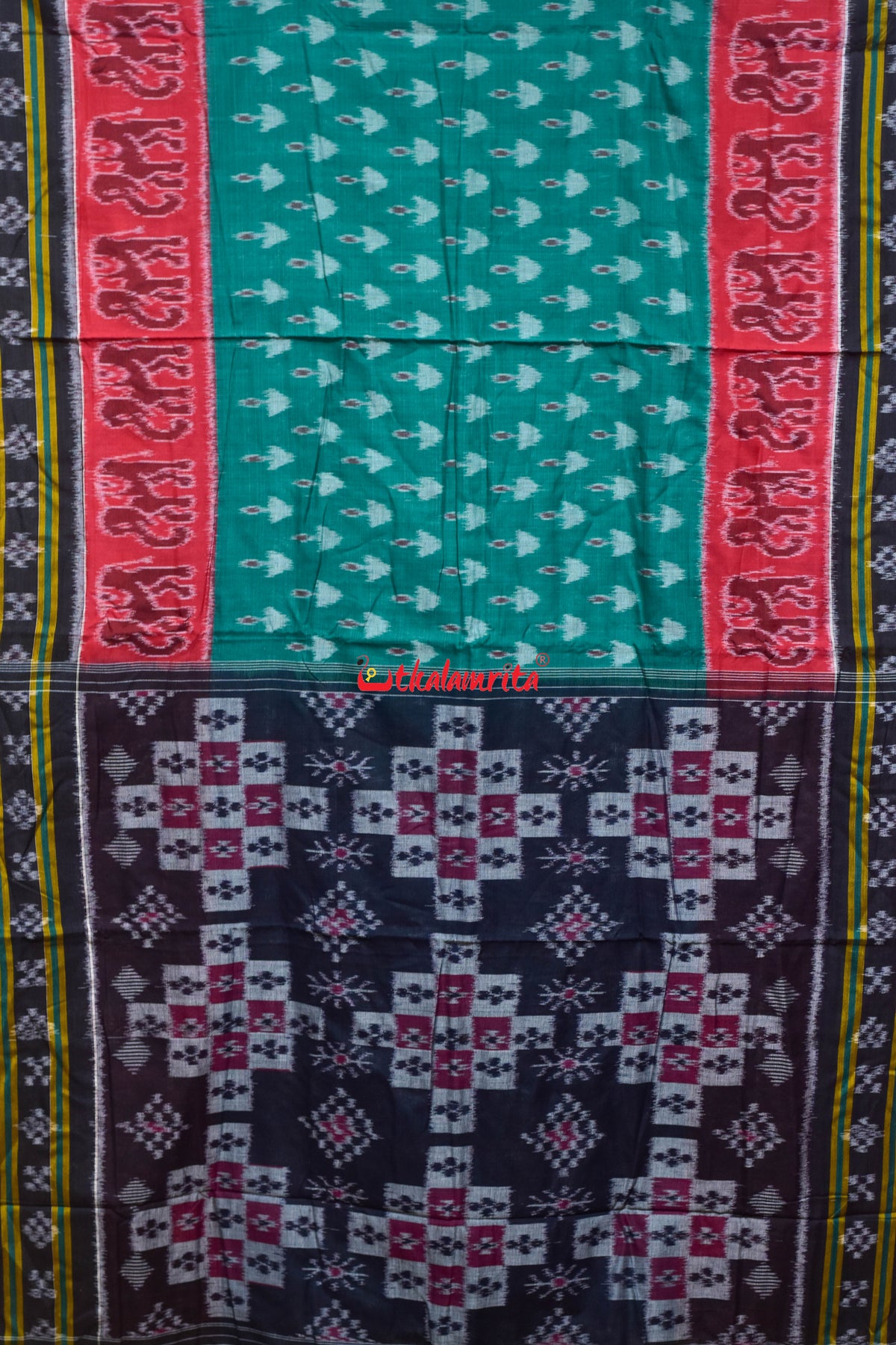 Green Red Hathi Boita Khandua Cotton Saree