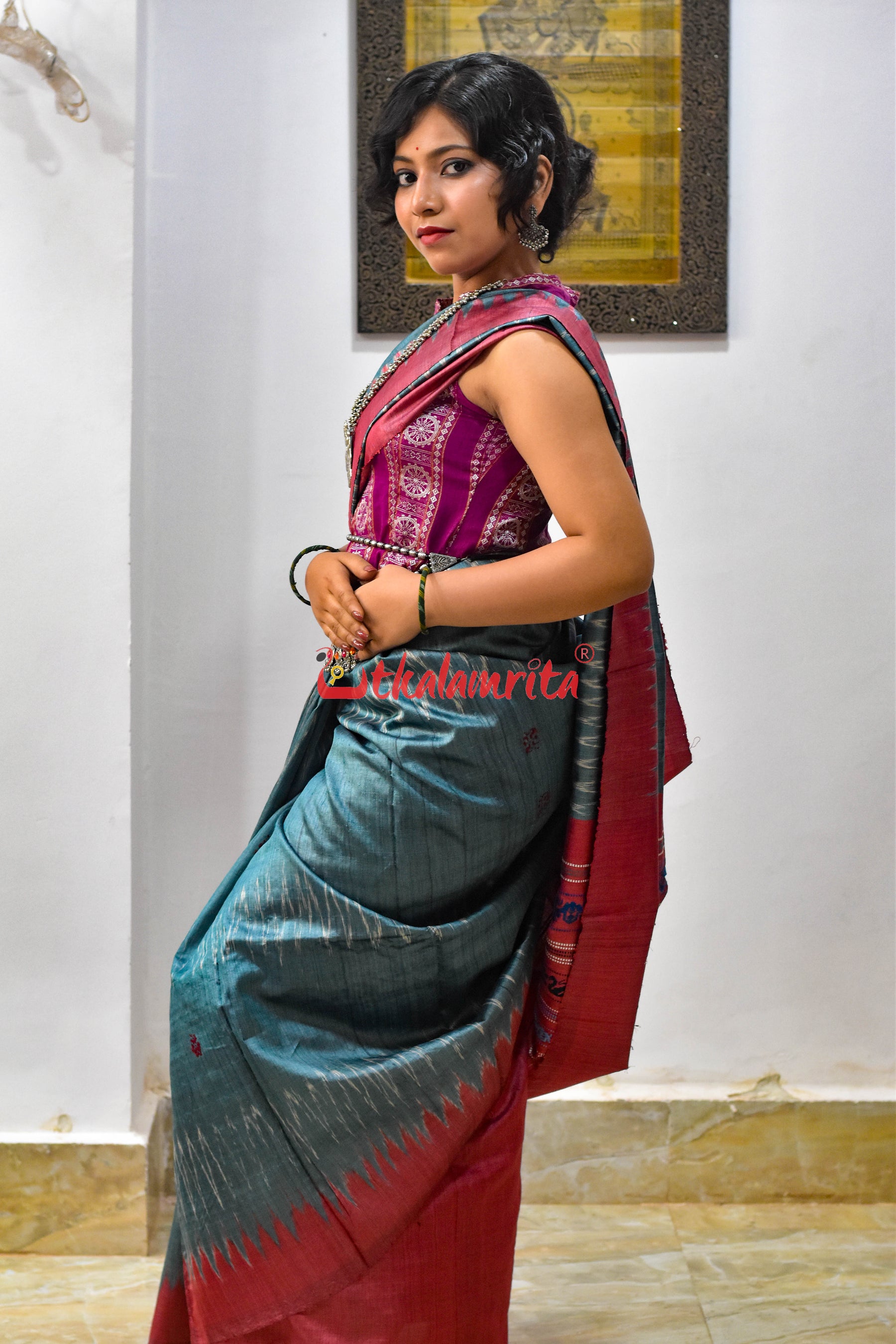 Teal with Maroon Jaala Tussar Silk Saree