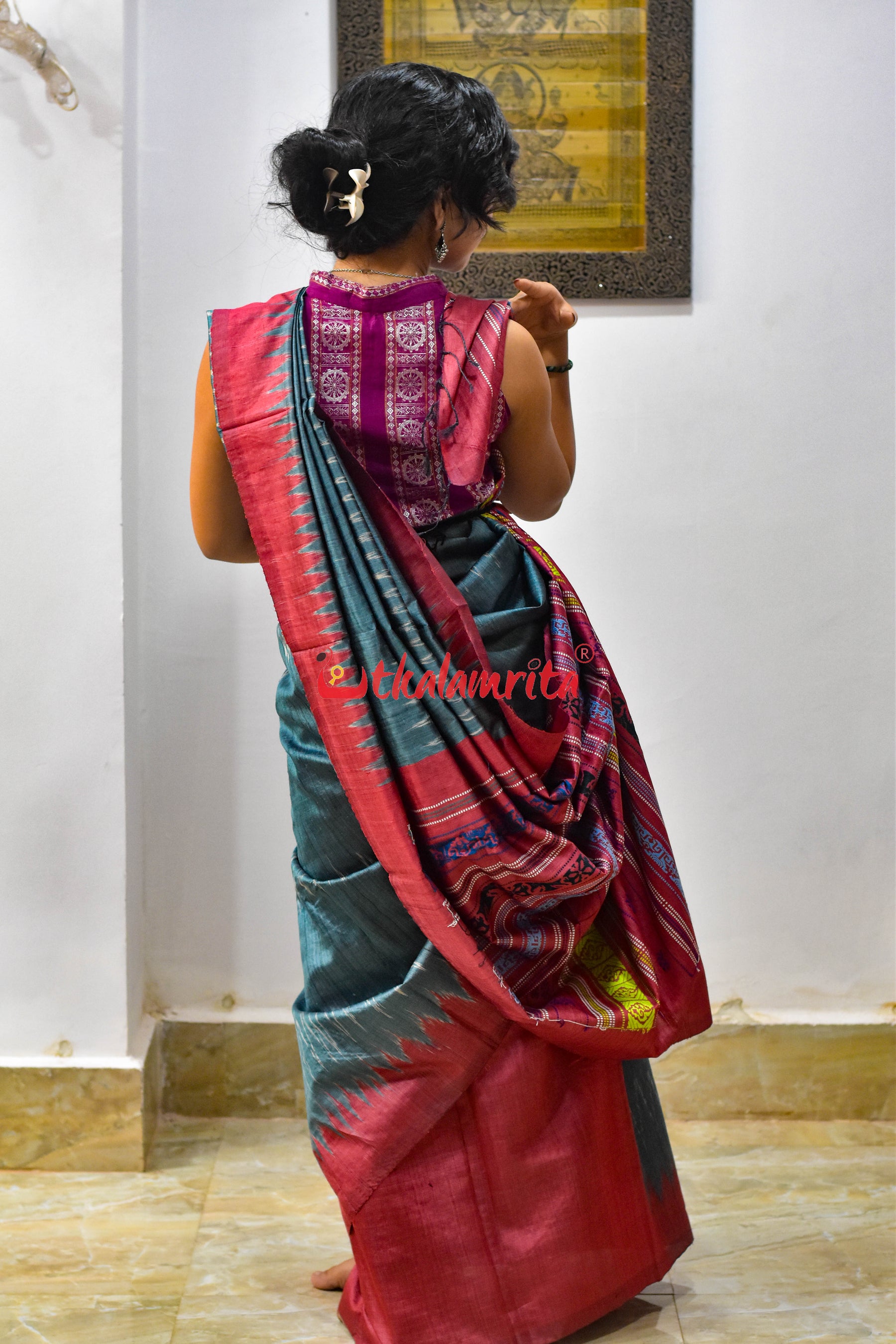 Teal with Maroon Jaala Tussar Silk Saree