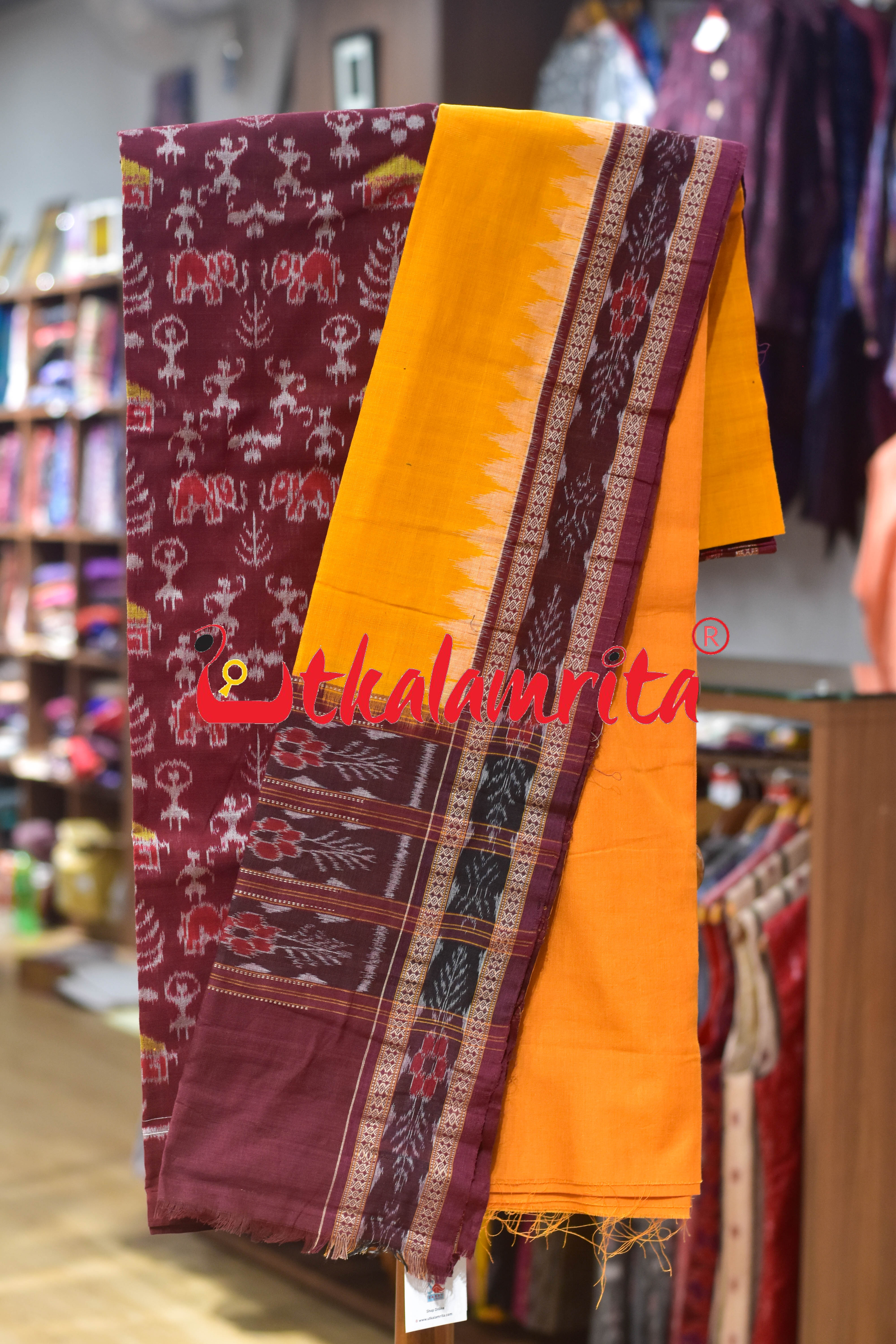 Maroon Yellow Adibasi Theme Sambalpuri Cotton Dress Set