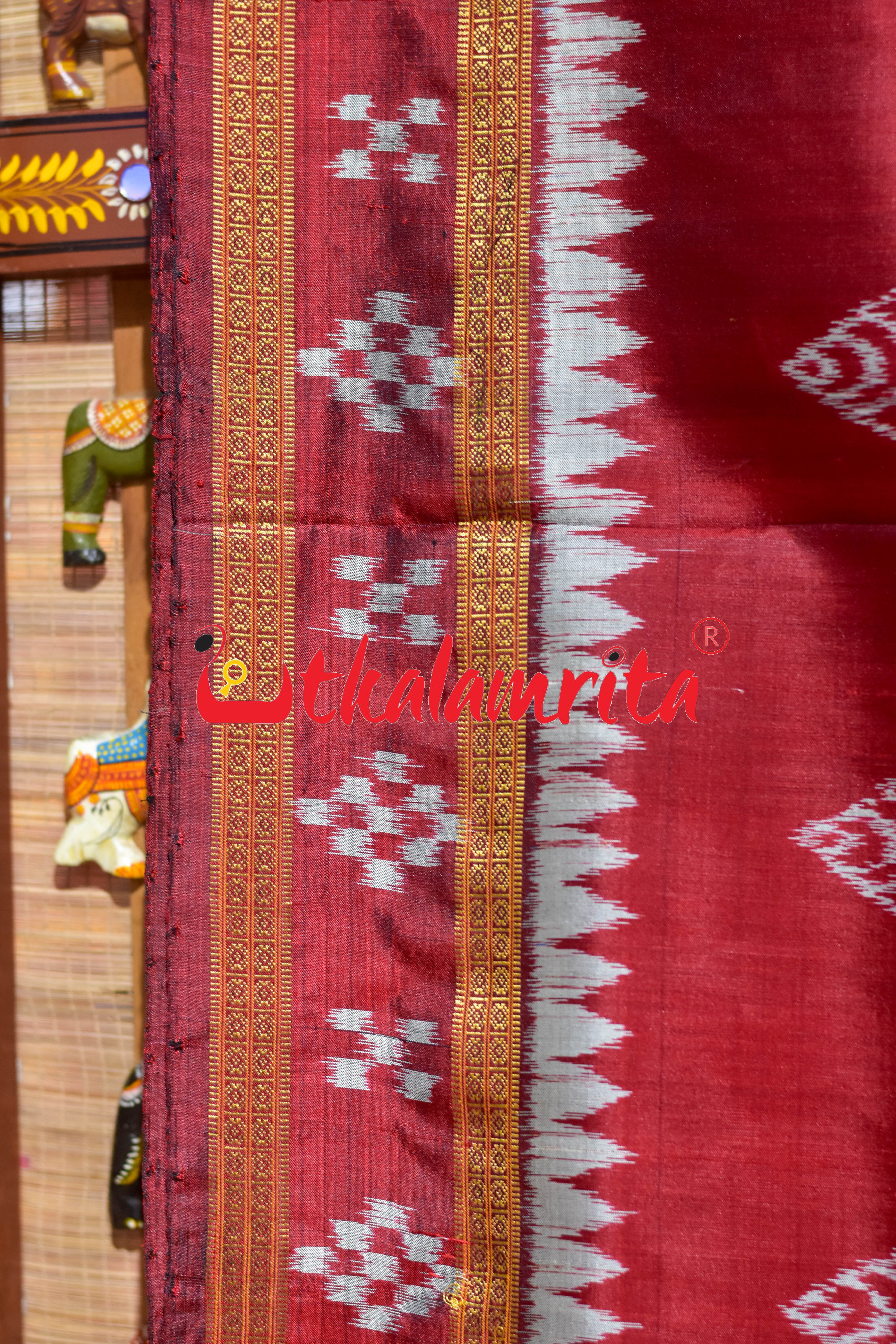 Maroon Chitta Sankha Khandua Silk Saree