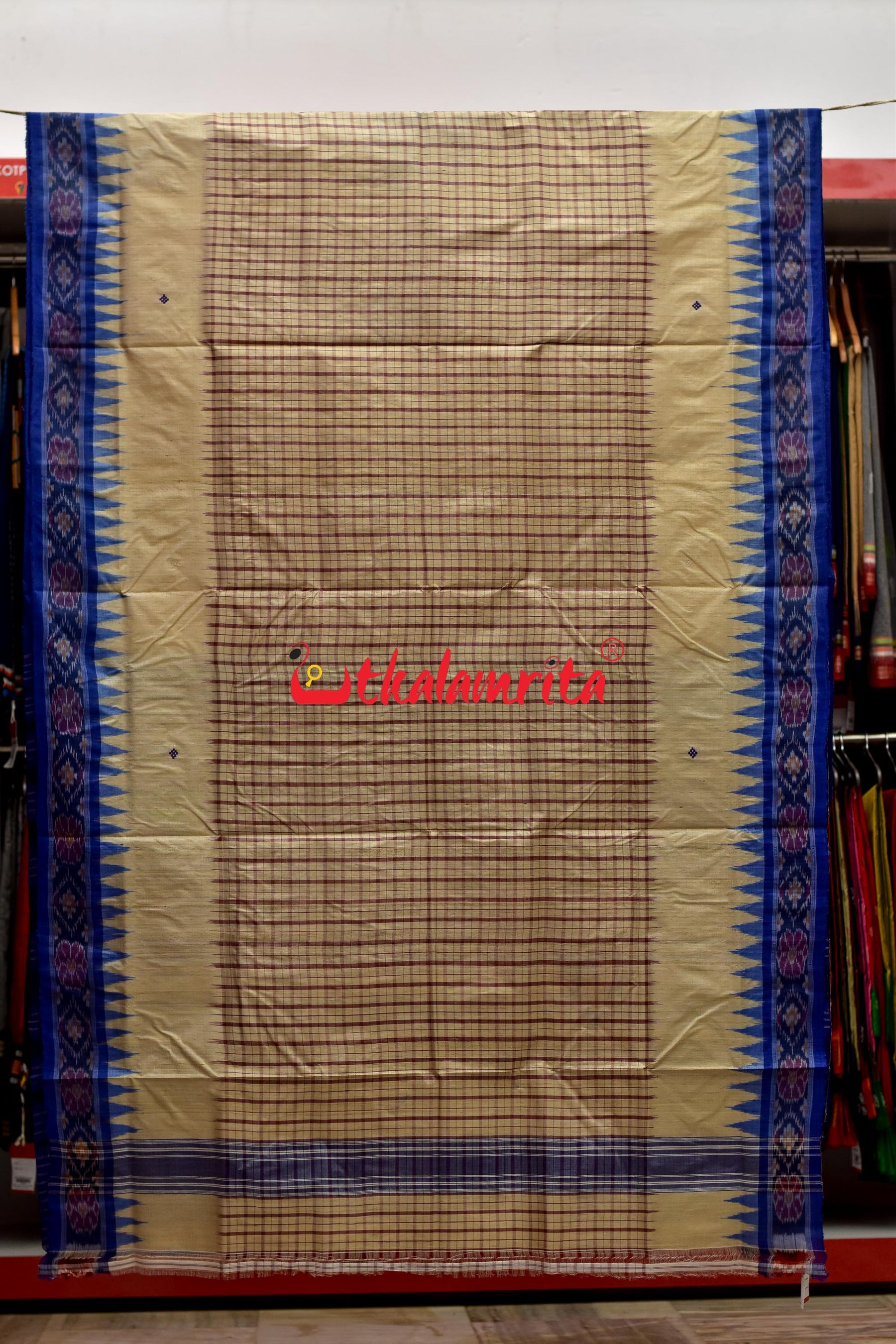 Middle Checks Maroon Blue Tussar Saree