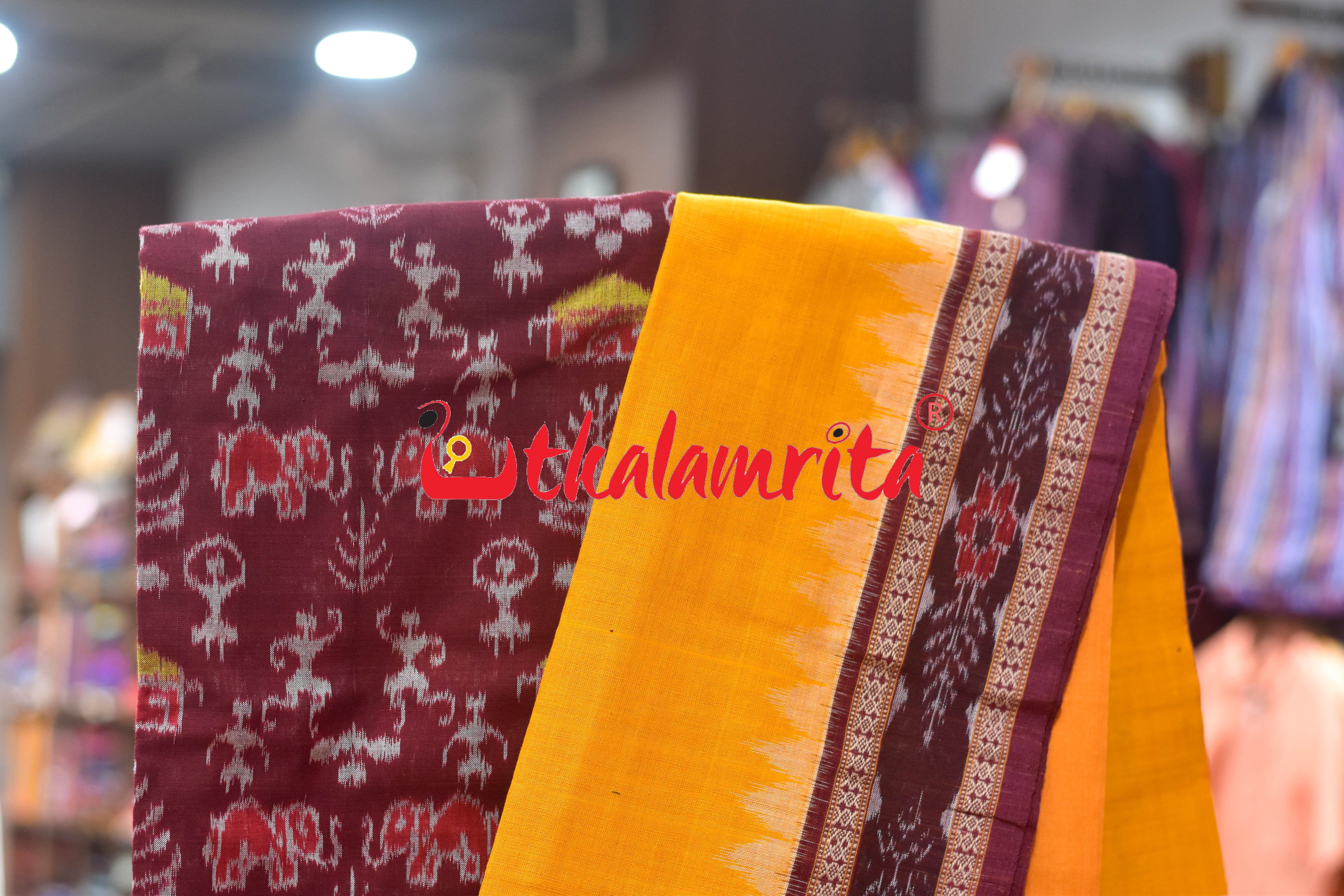 Maroon Yellow Adibasi Theme Sambalpuri Cotton Dress Set