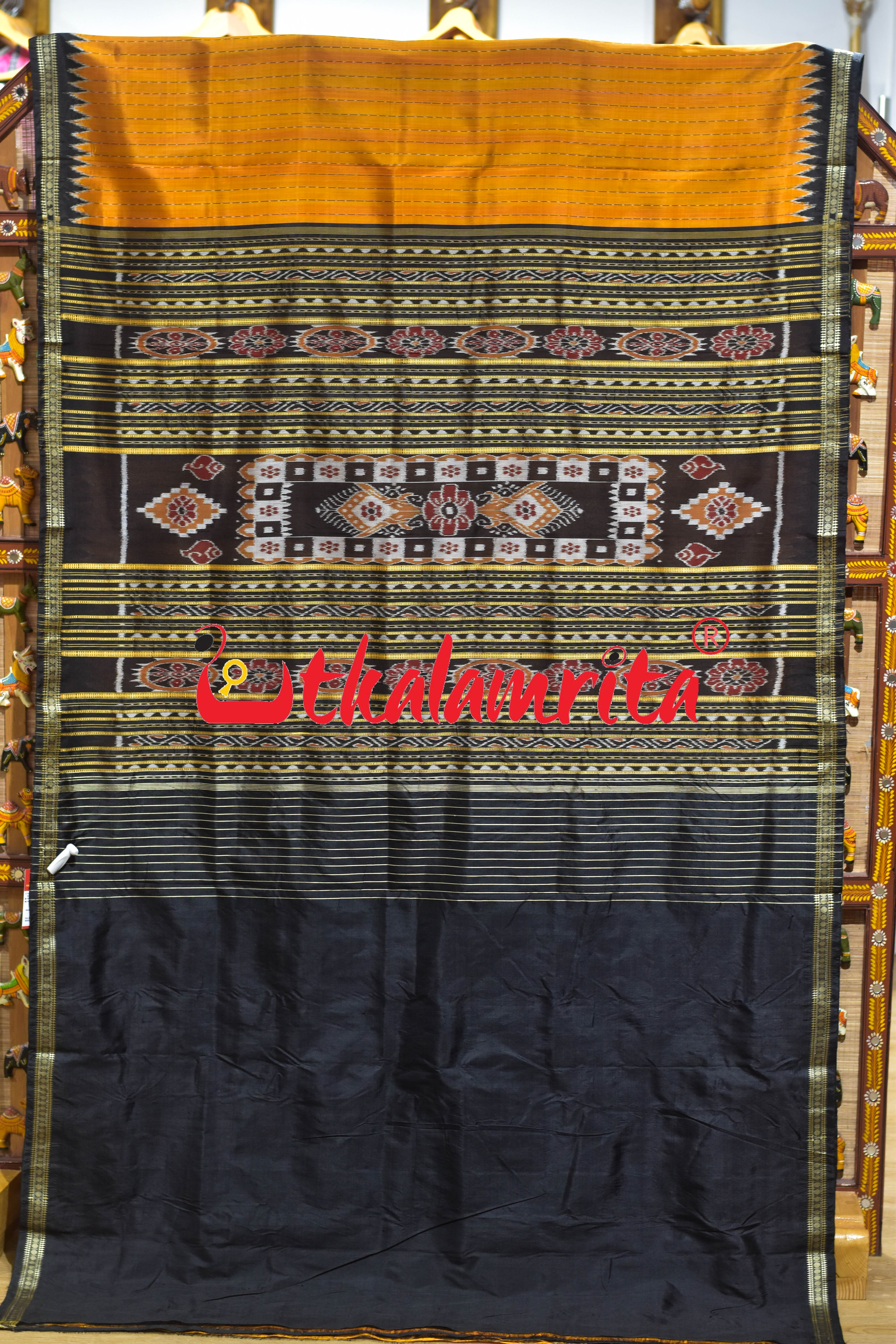 Golden Black Lines Single Flower Khandua Silk Saree