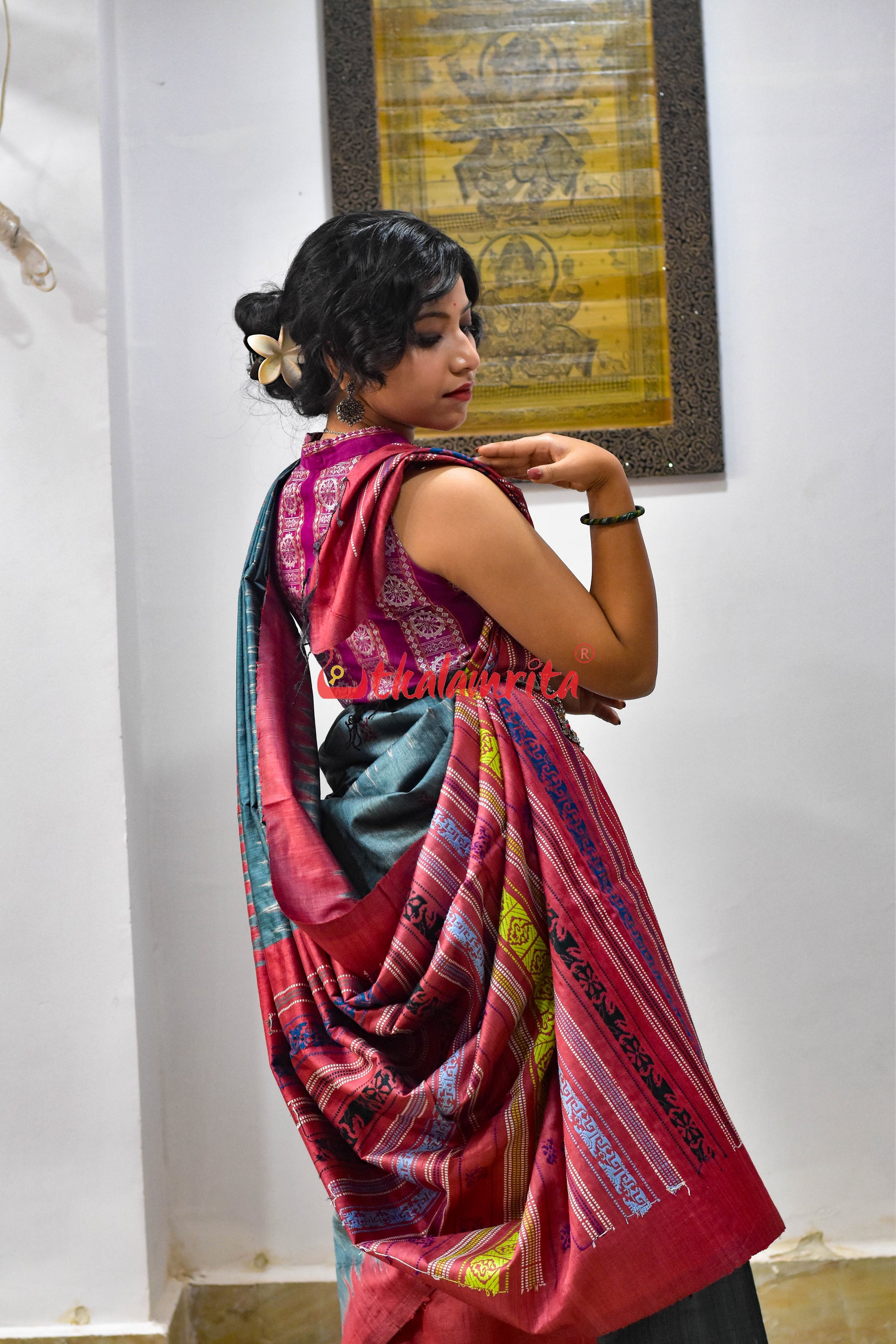 Teal with Maroon Jaala Tussar Silk Saree