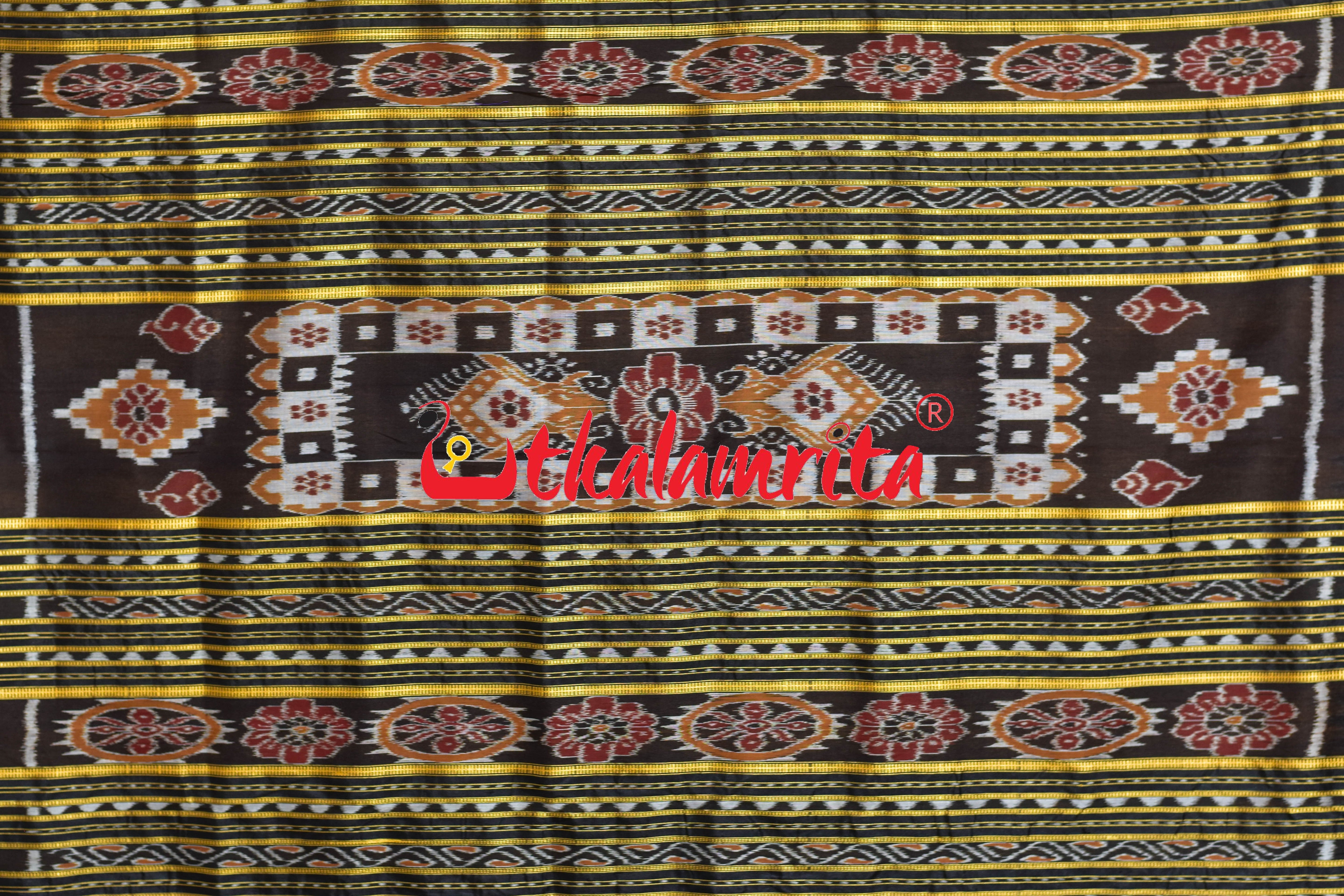Golden Black Lines Single Flower Khandua Silk Saree