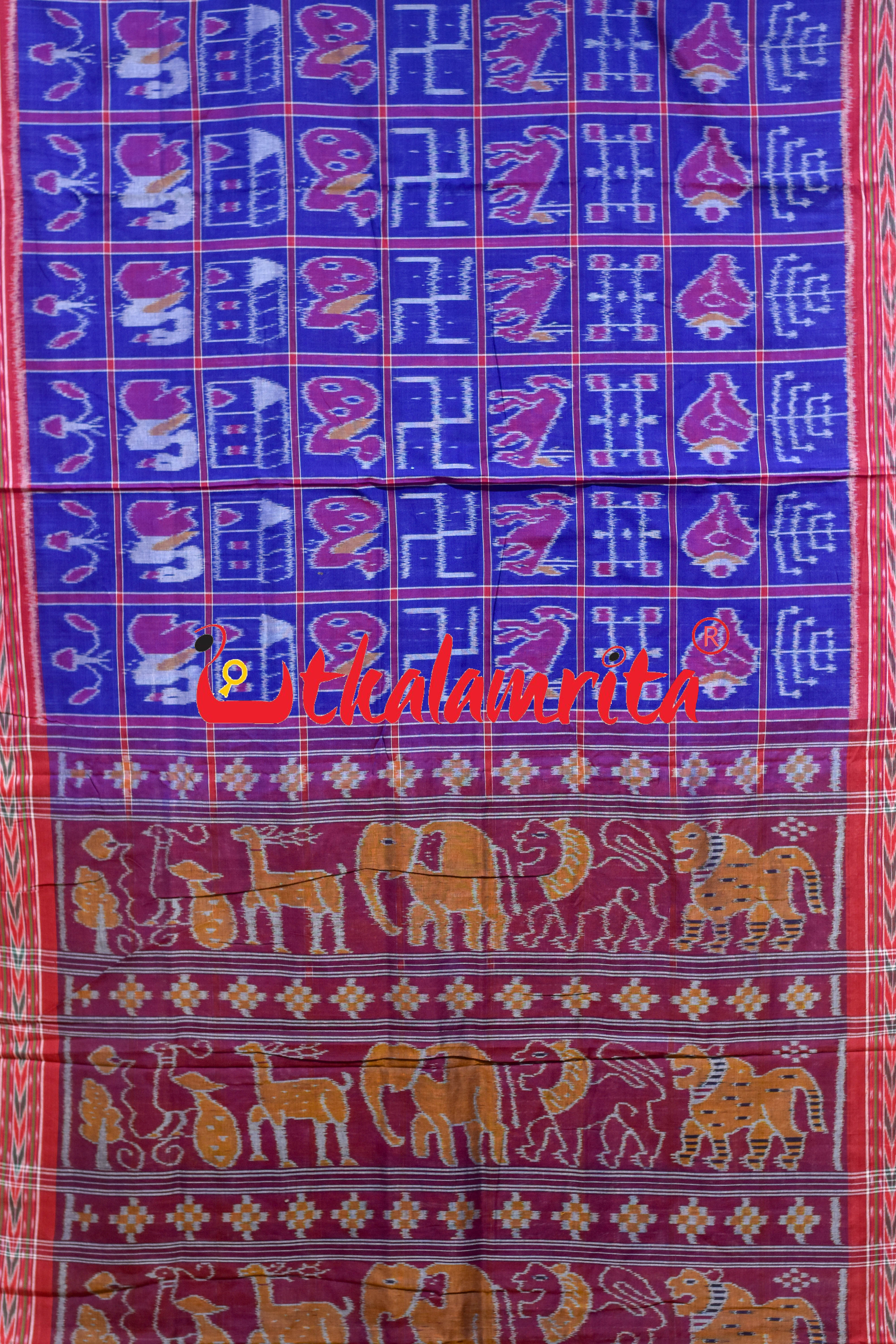 Blue Red Dhanpatri Nabakothi Khandua Cotton Saree