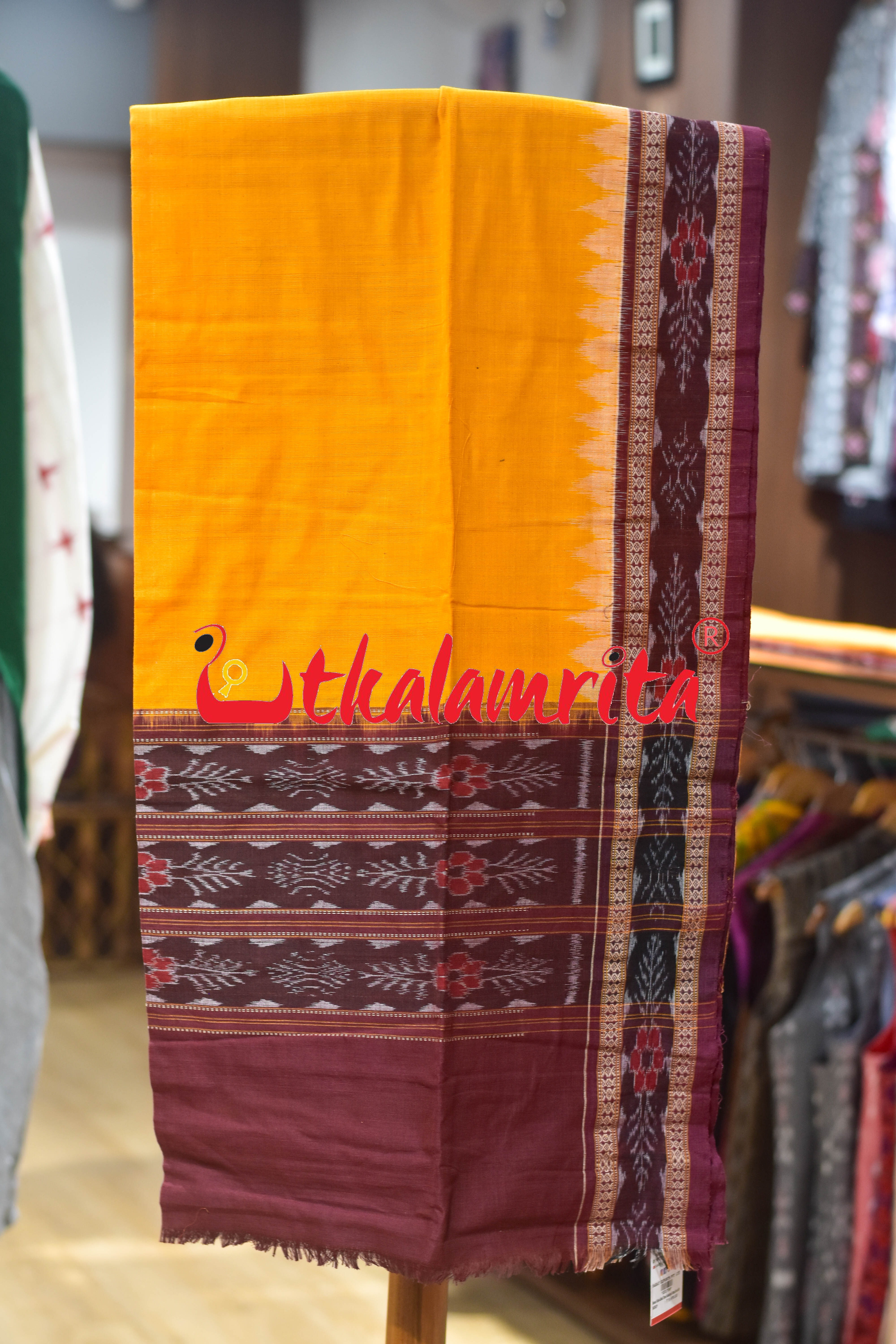 Maroon Yellow Adibasi Theme Sambalpuri Cotton Dress Set