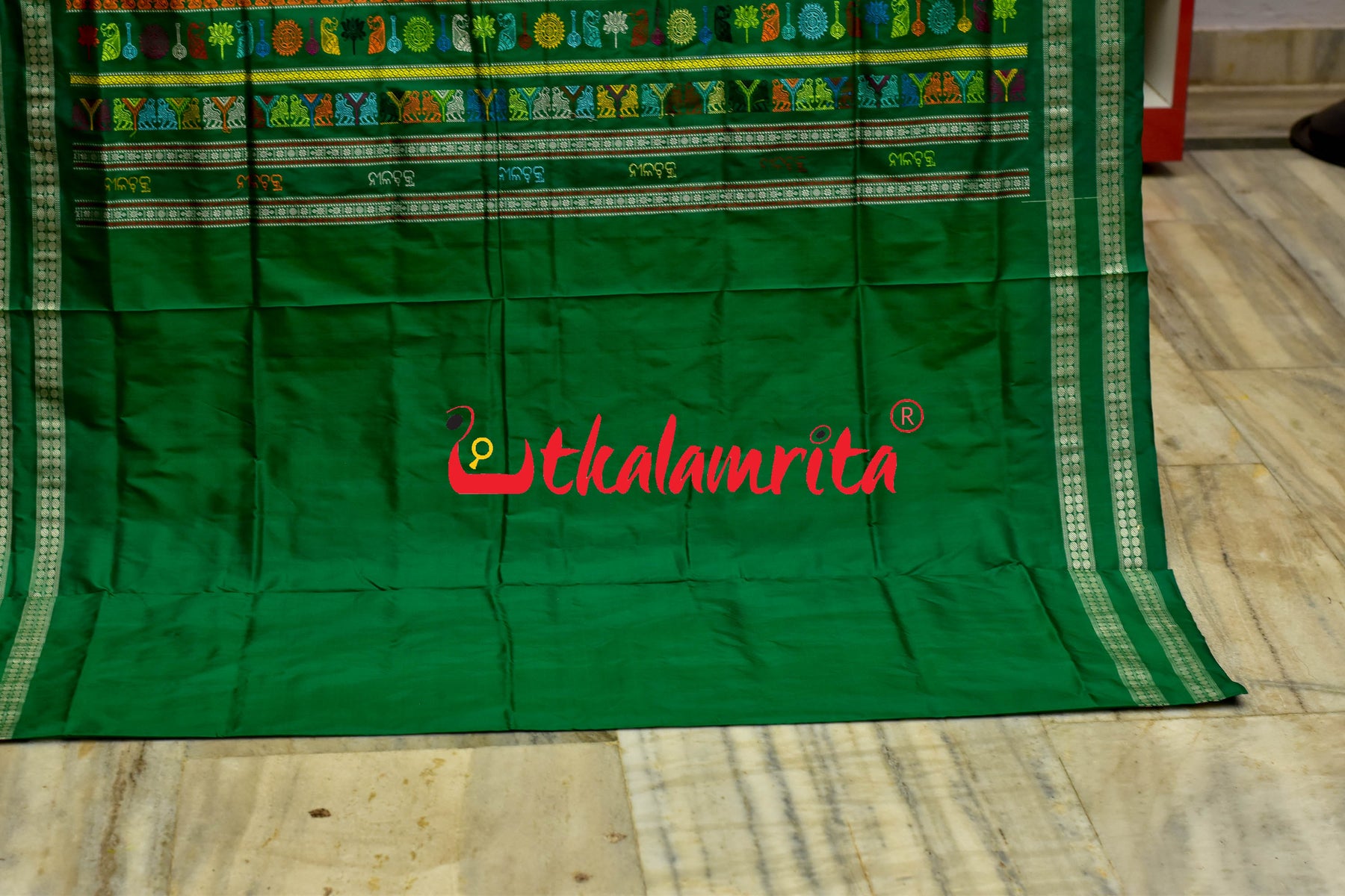 Nilachakra Yellow Green Bomkai Silk Saree
