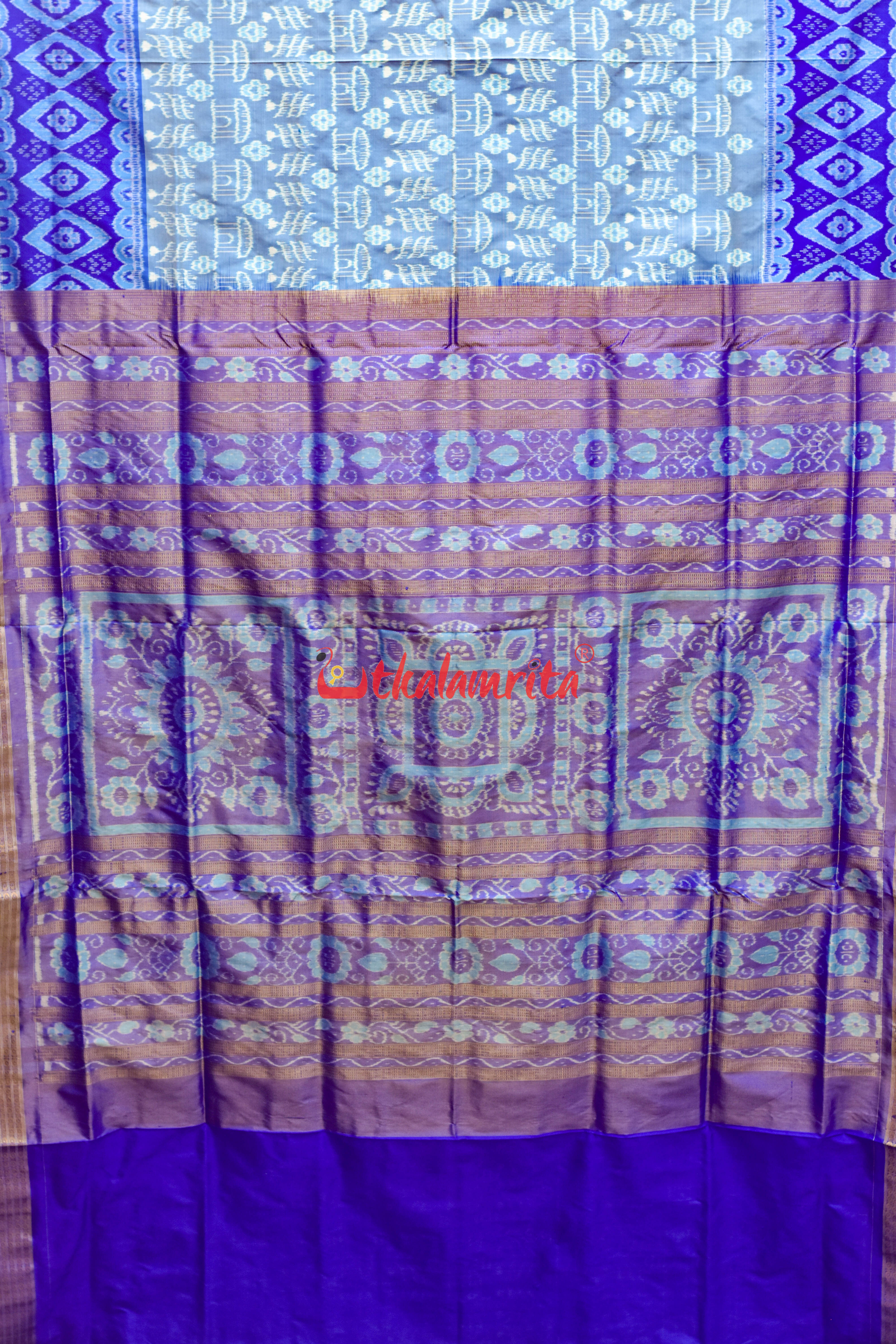 Sky Blue Deep Blue Half Tissue Sambalpuri Silk Saree