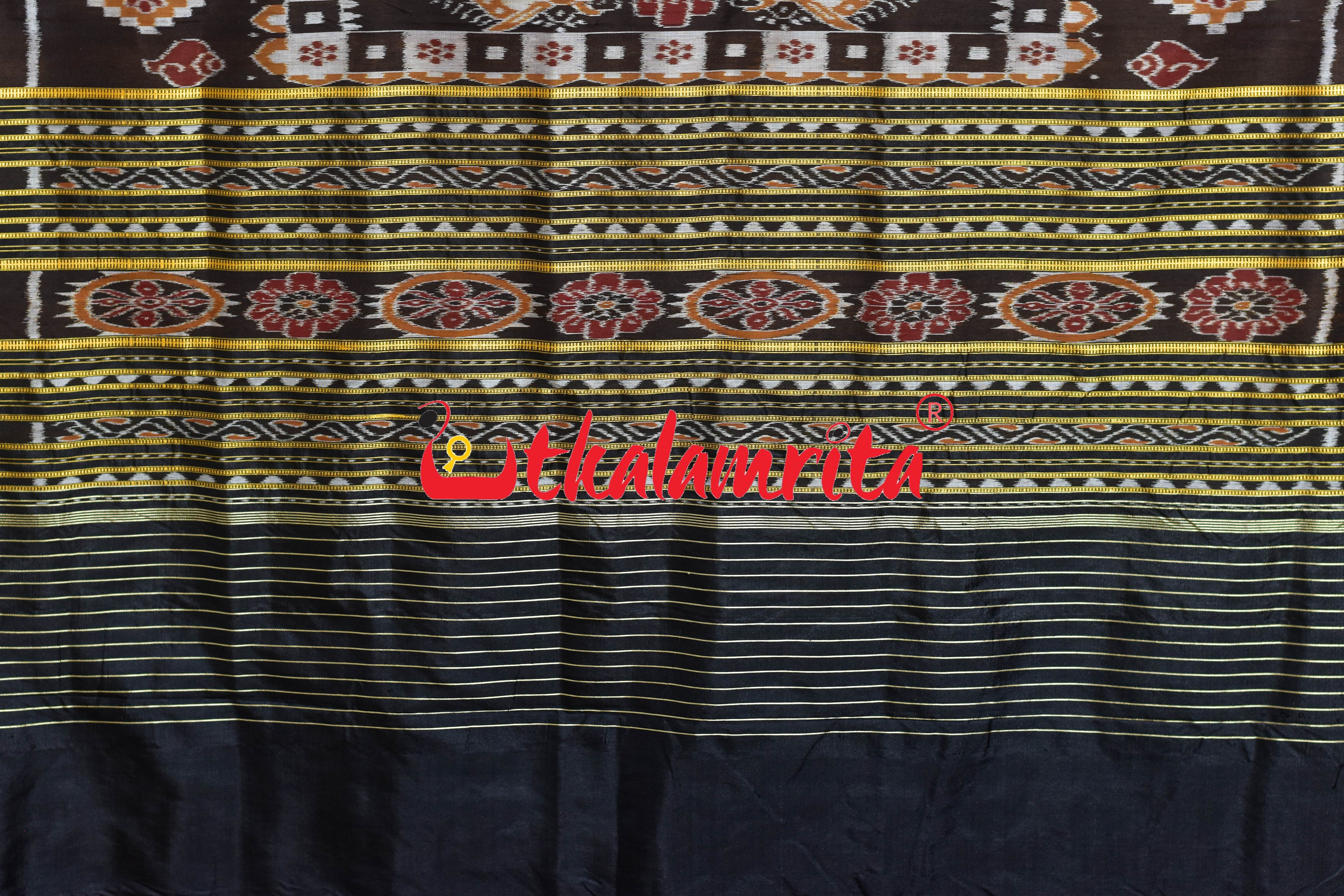 Golden Black Lines Single Flower Khandua Silk Saree