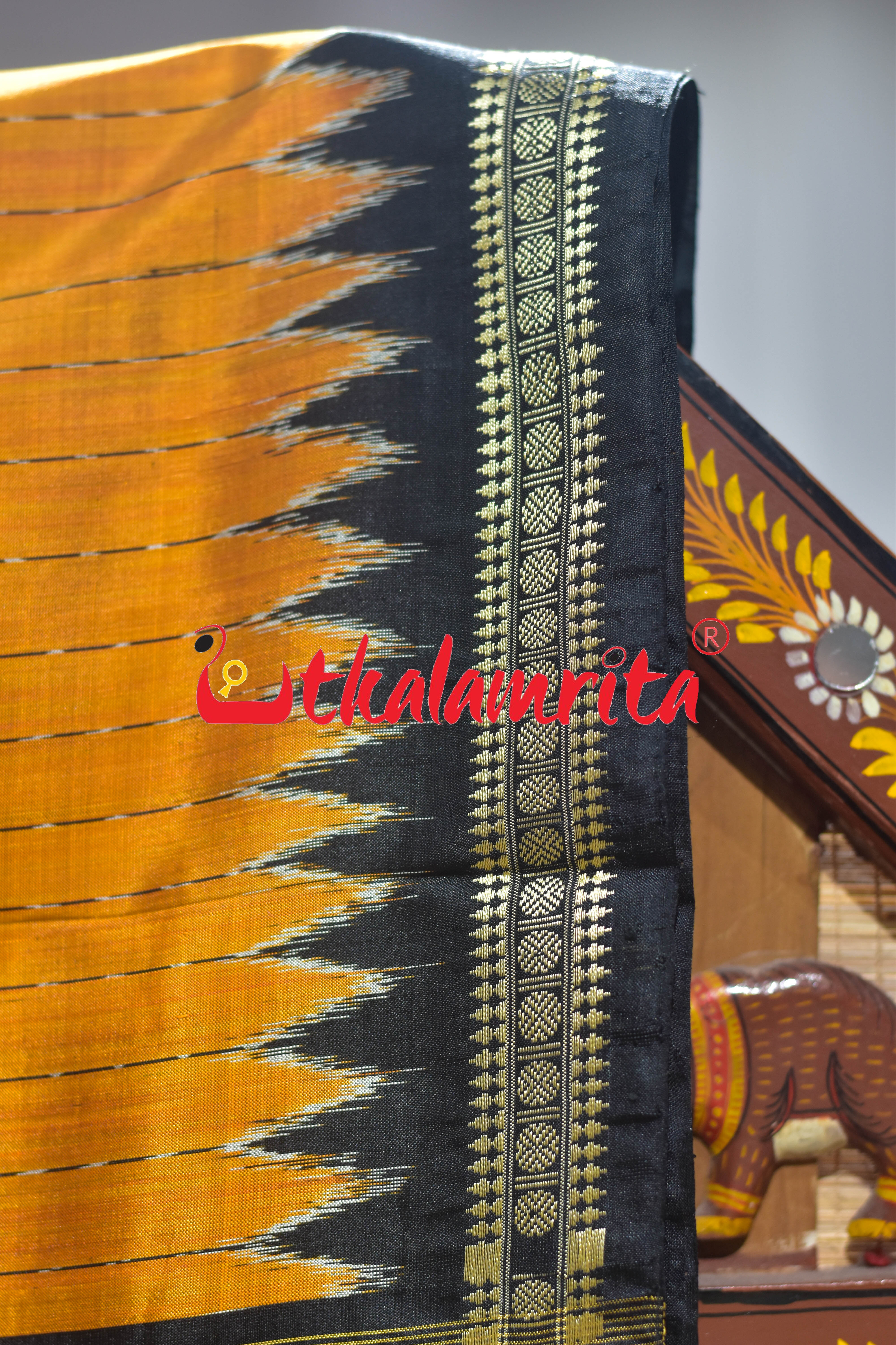 Golden Black Lines Single Flower Khandua Silk Saree