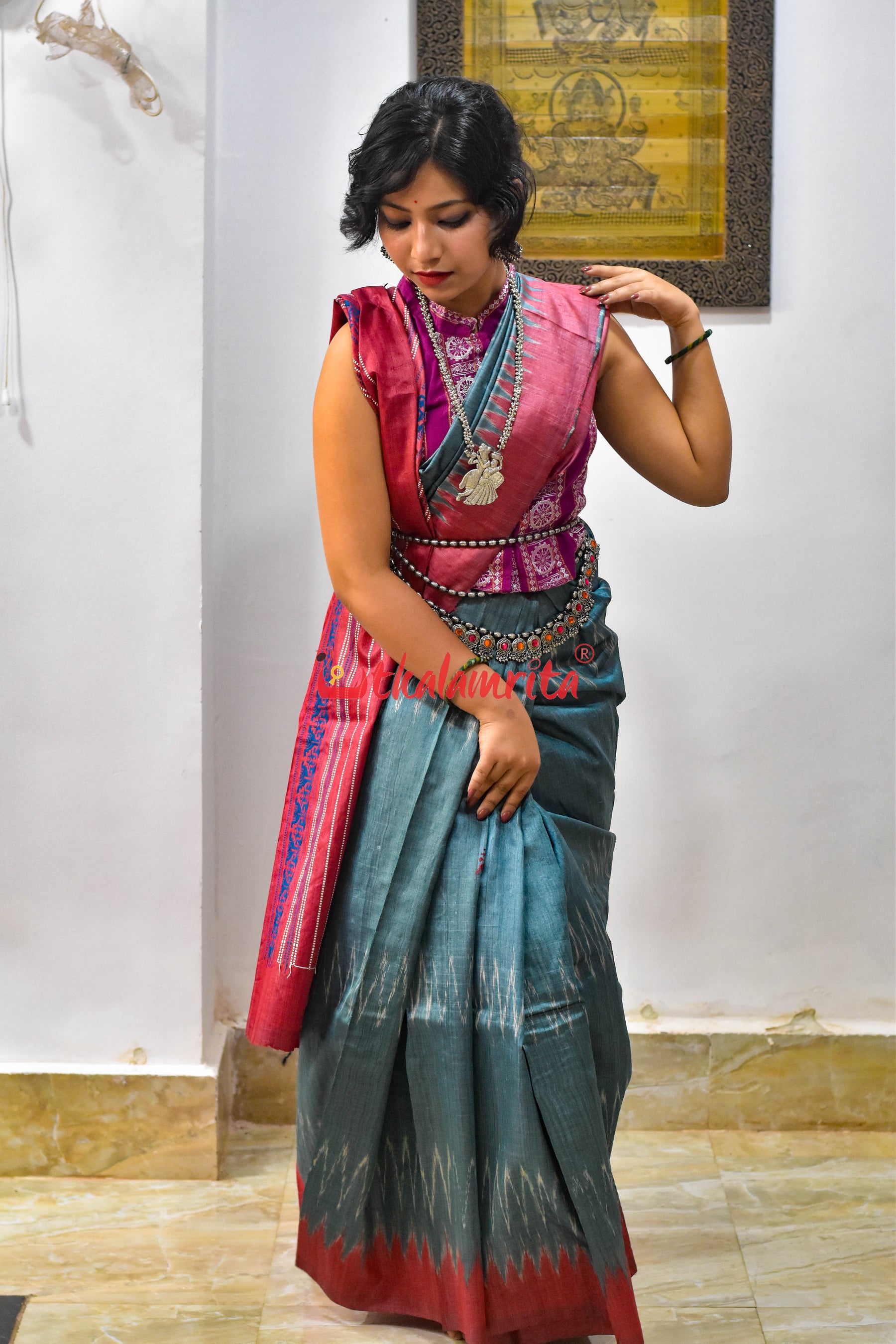 Teal with Maroon Jaala Tussar Silk Saree