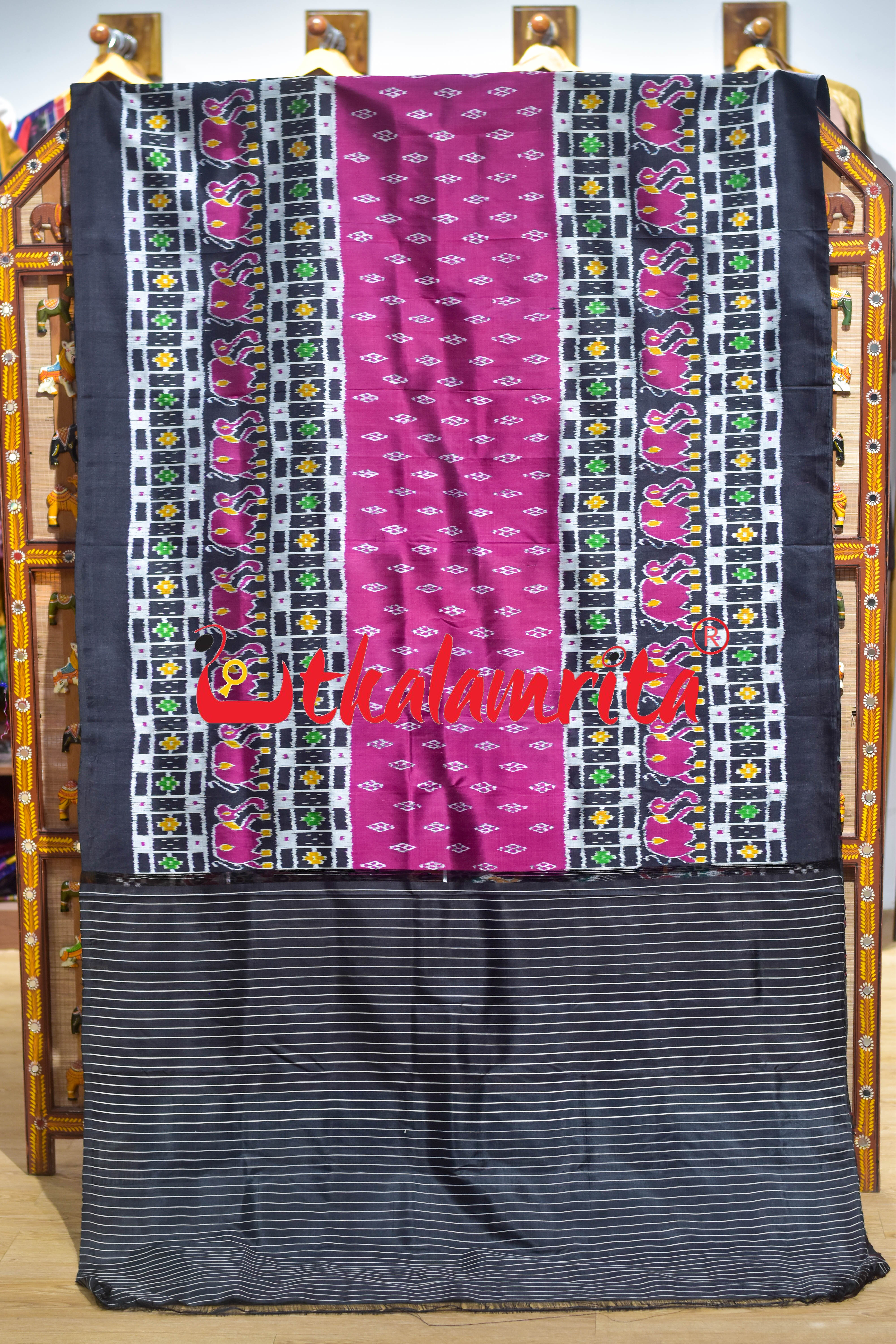 Purple Black Border Elephant Pasapali Khandua Silk Saree
