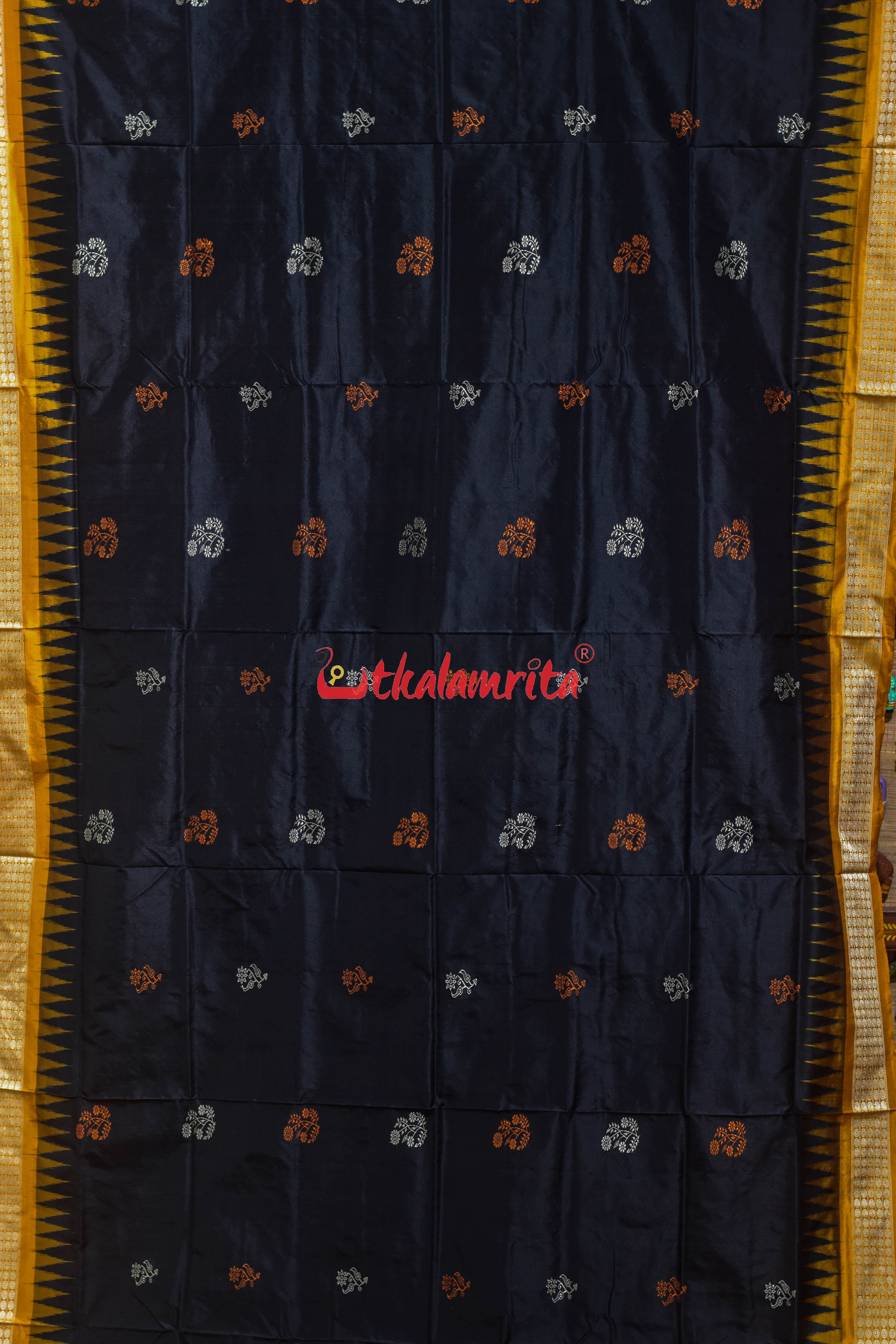 Black Orange Phula Dala Bomkai Silk Saree