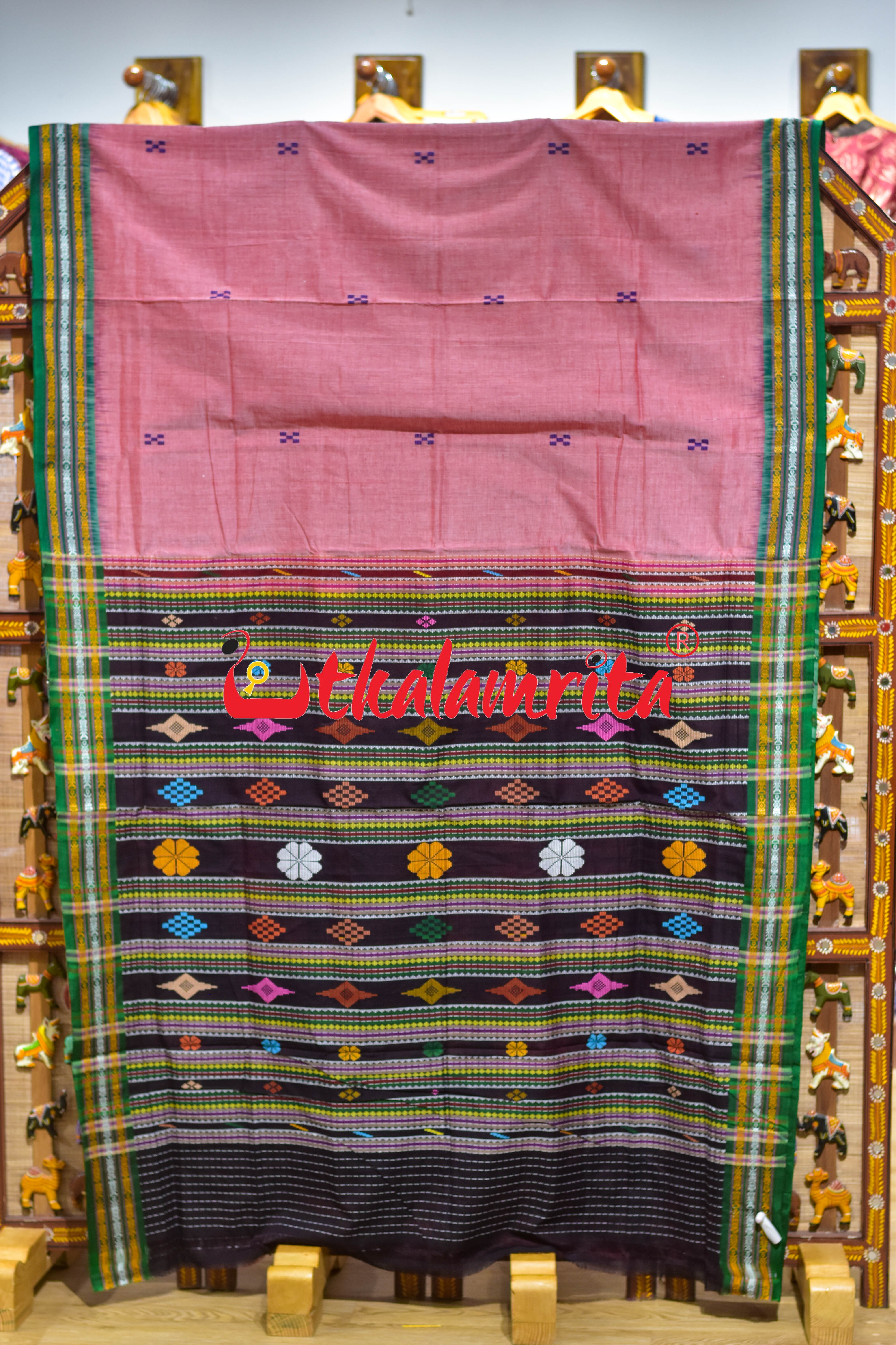 Pink Buta Phula Anchal Dhalapathar Cotton Saree