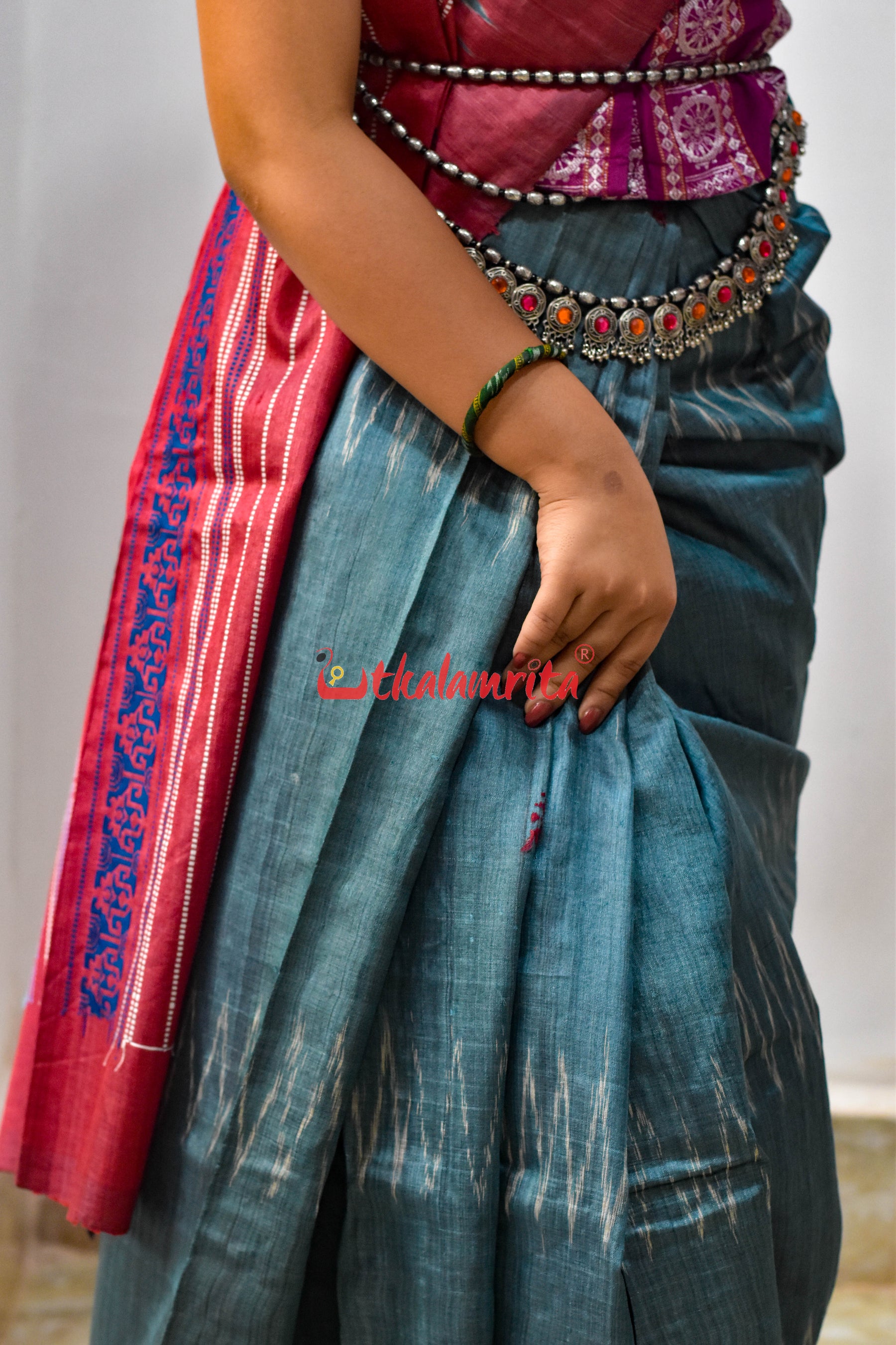 Teal with Maroon Jaala Tussar Silk Saree