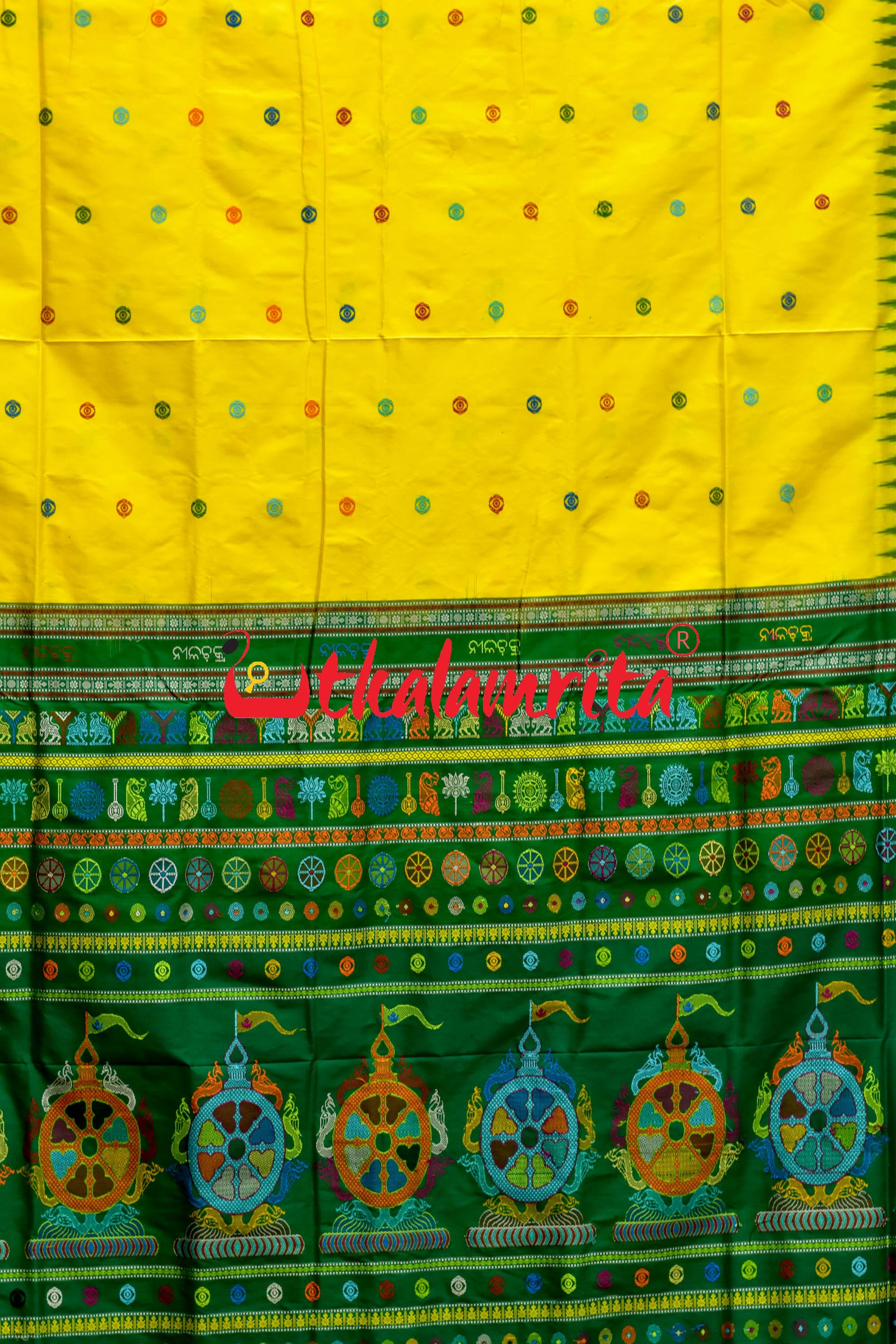 Nilachakra Yellow Green Bomkai Silk Saree