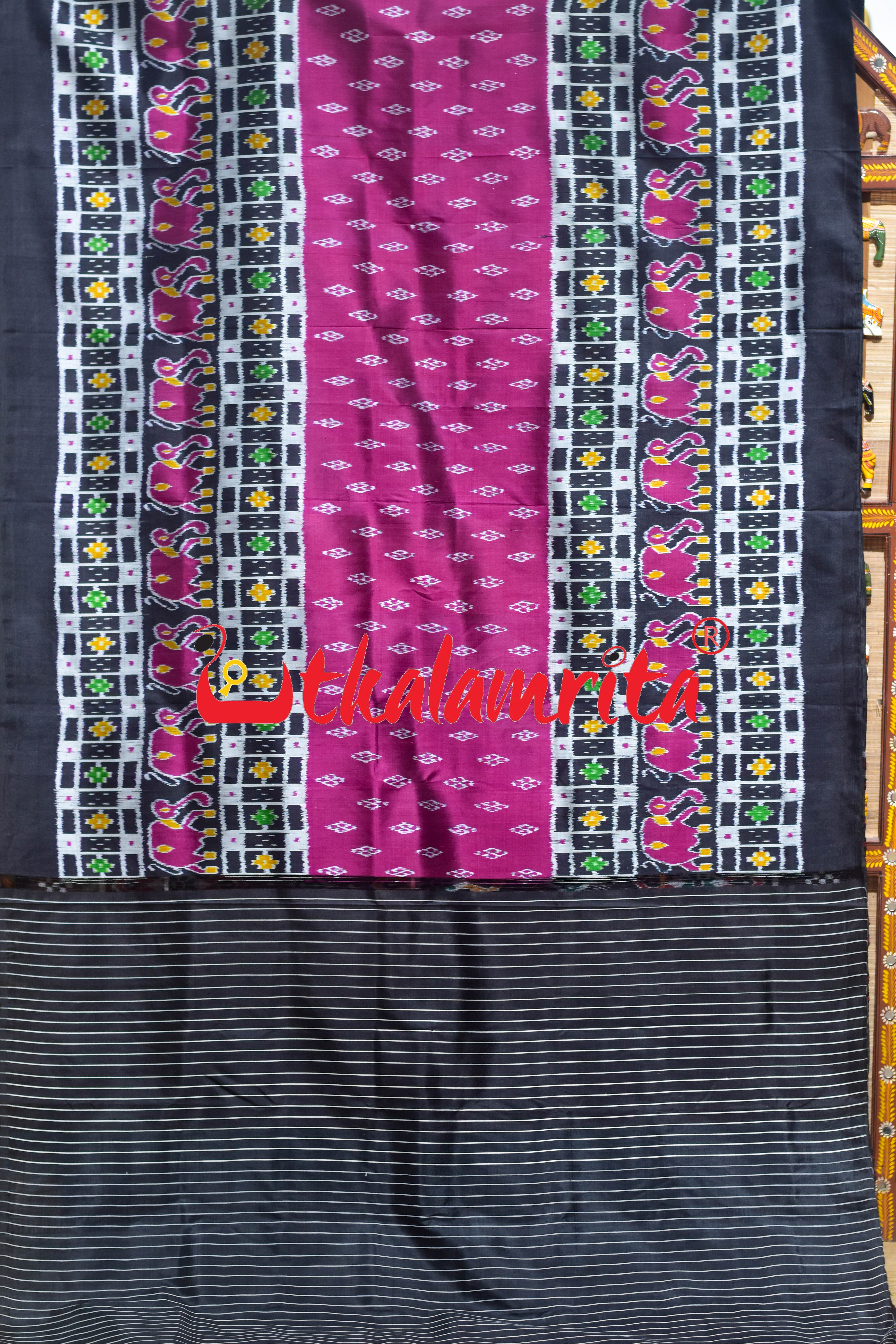 Purple Black Border Elephant Pasapali Khandua Silk Saree