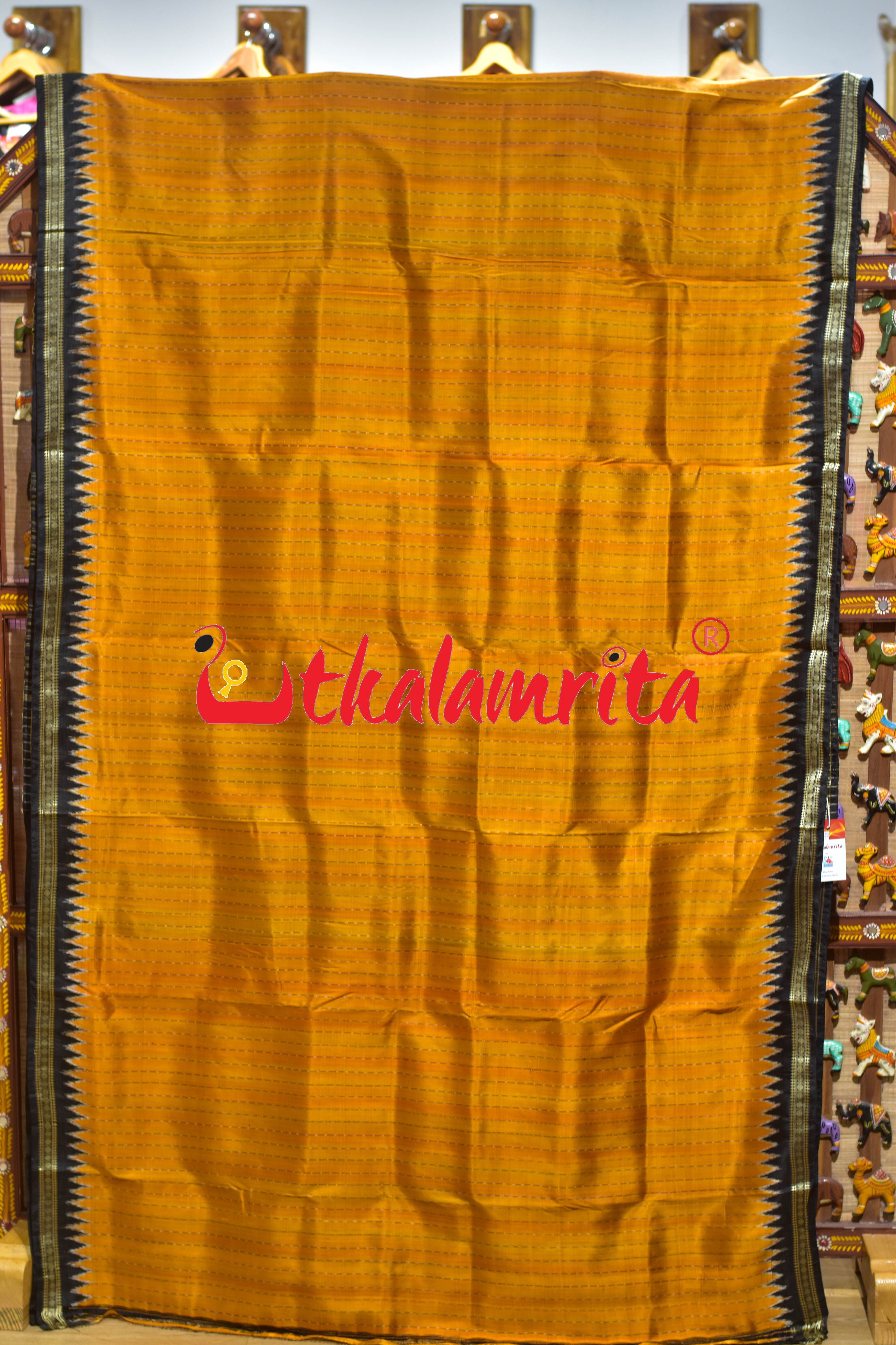 Golden Black Lines Single Flower Khandua Silk Saree