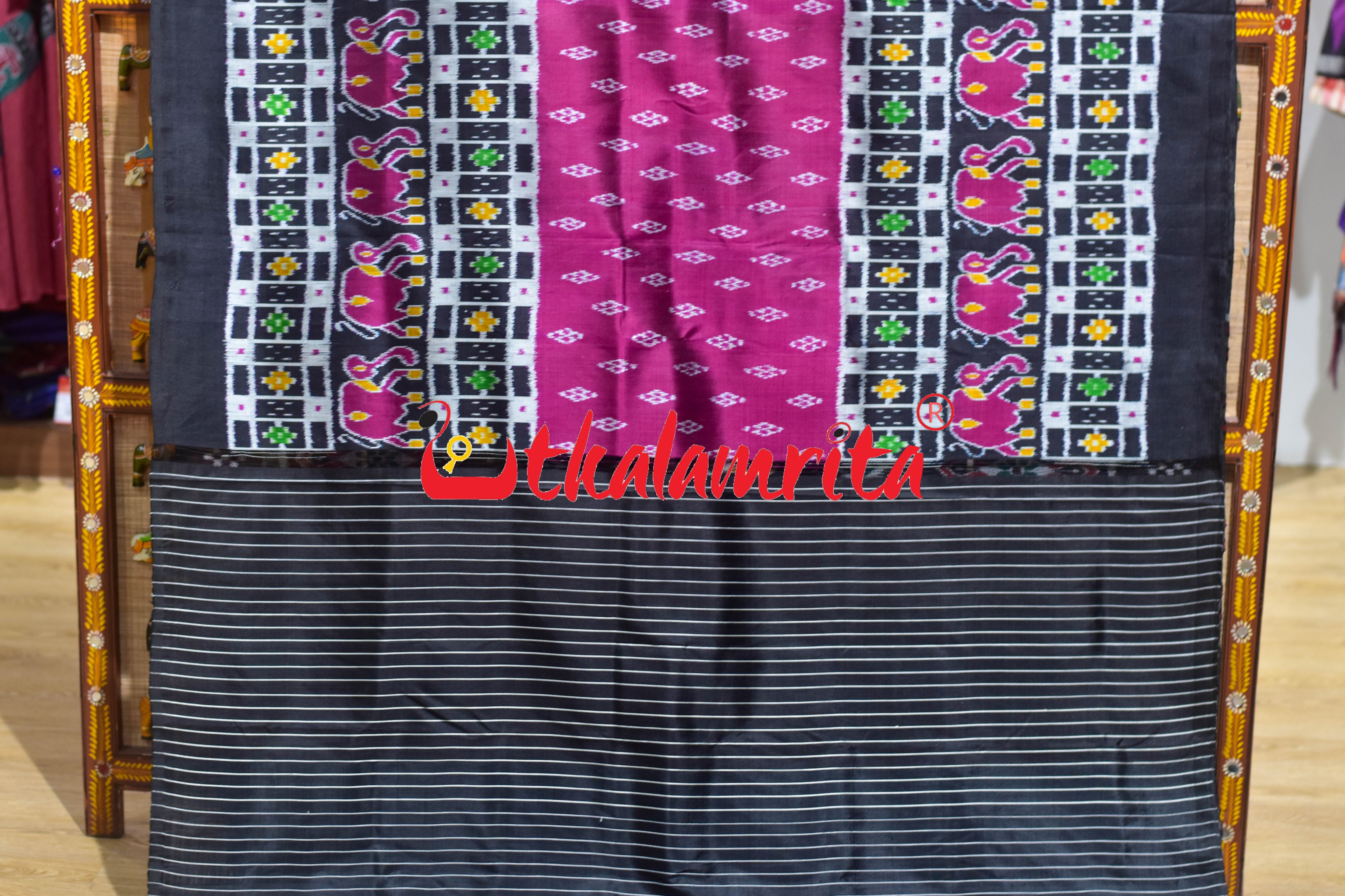 Purple Black Border Elephant Pasapali Khandua Silk Saree