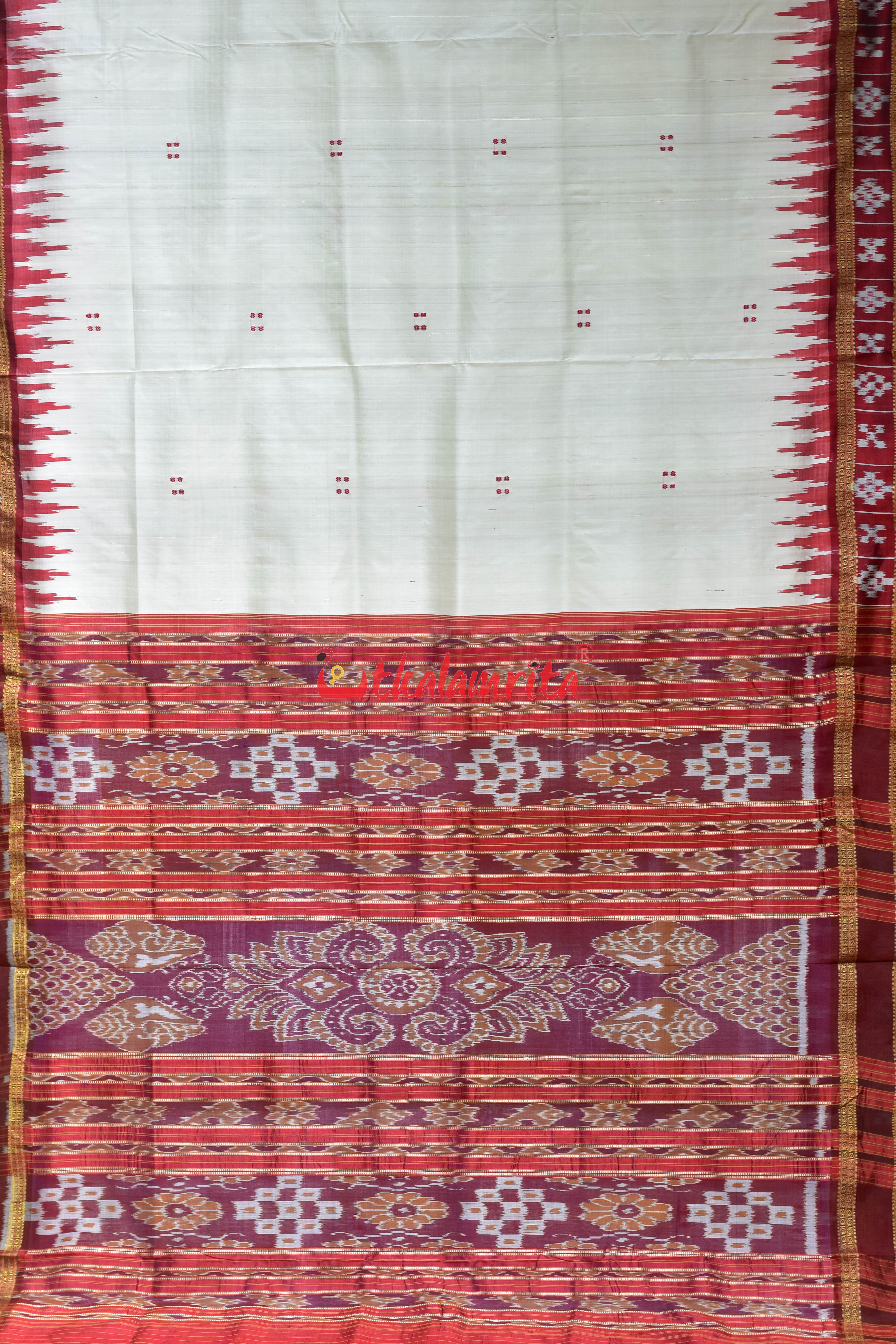 White Maroon Border Pasapali Lines Khandua Silk Saree