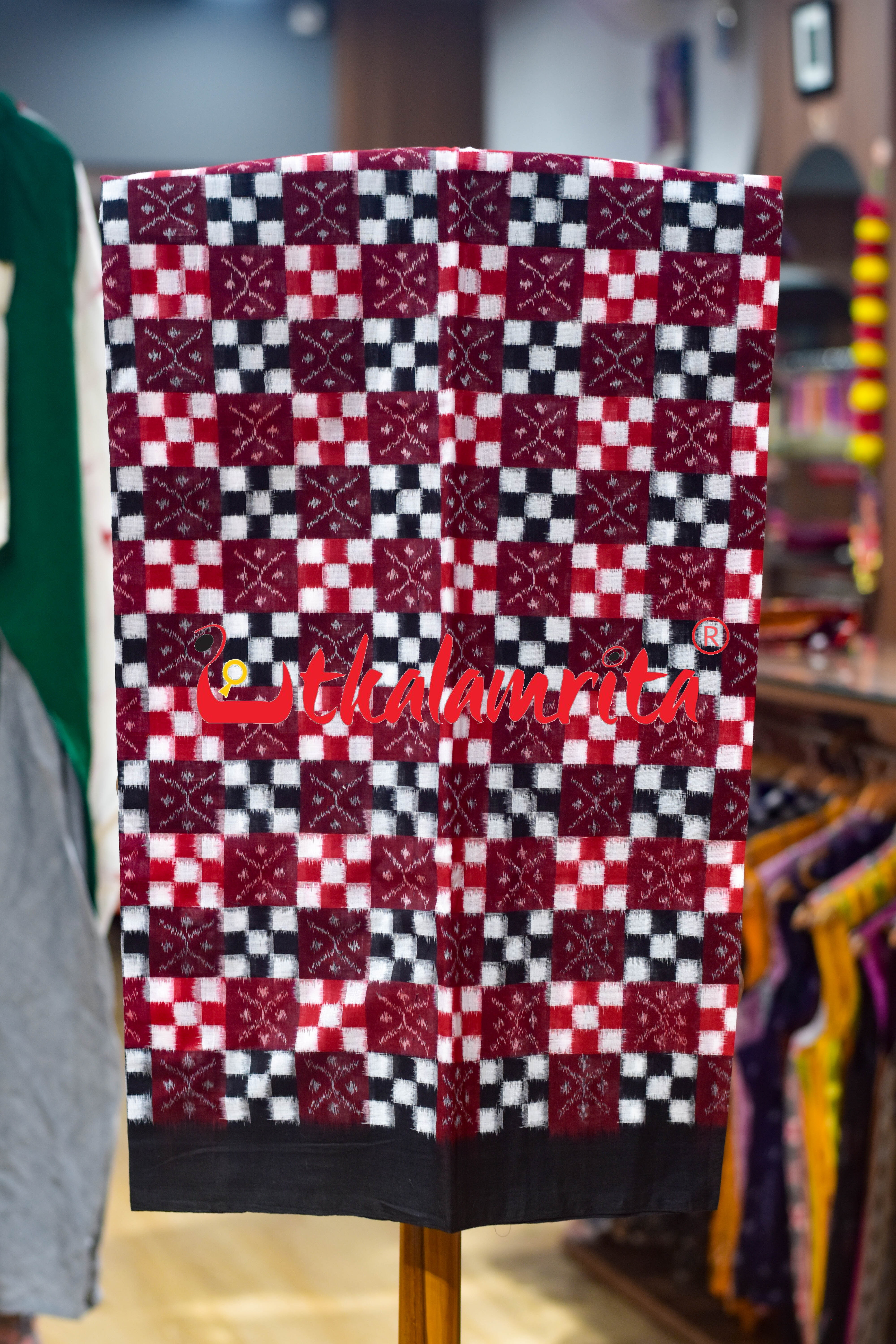 Black Red Damru Kothi Pasapali Cotton Dress Set