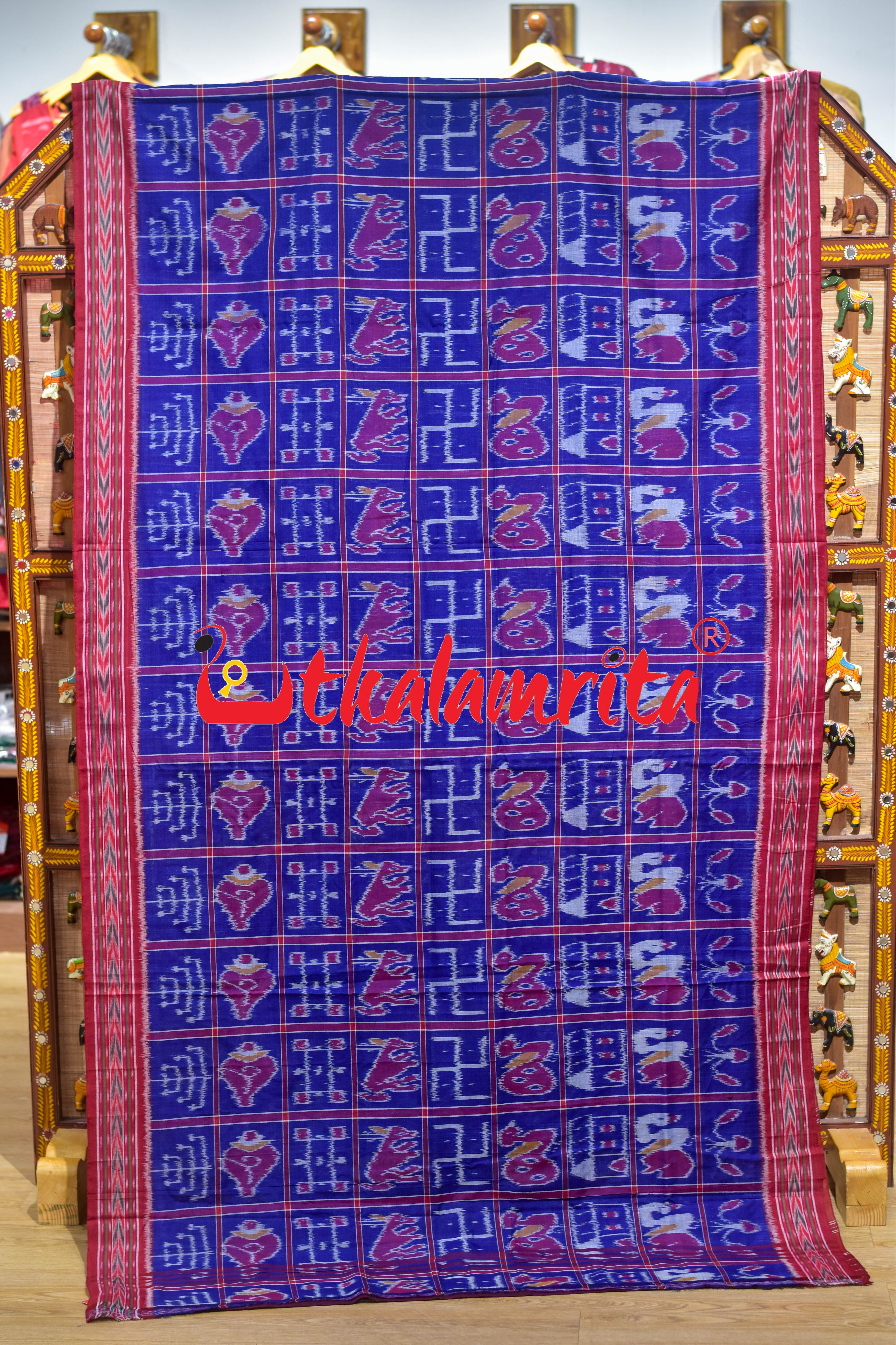 Blue Red Dhanpatri Nabakothi Khandua Cotton Saree
