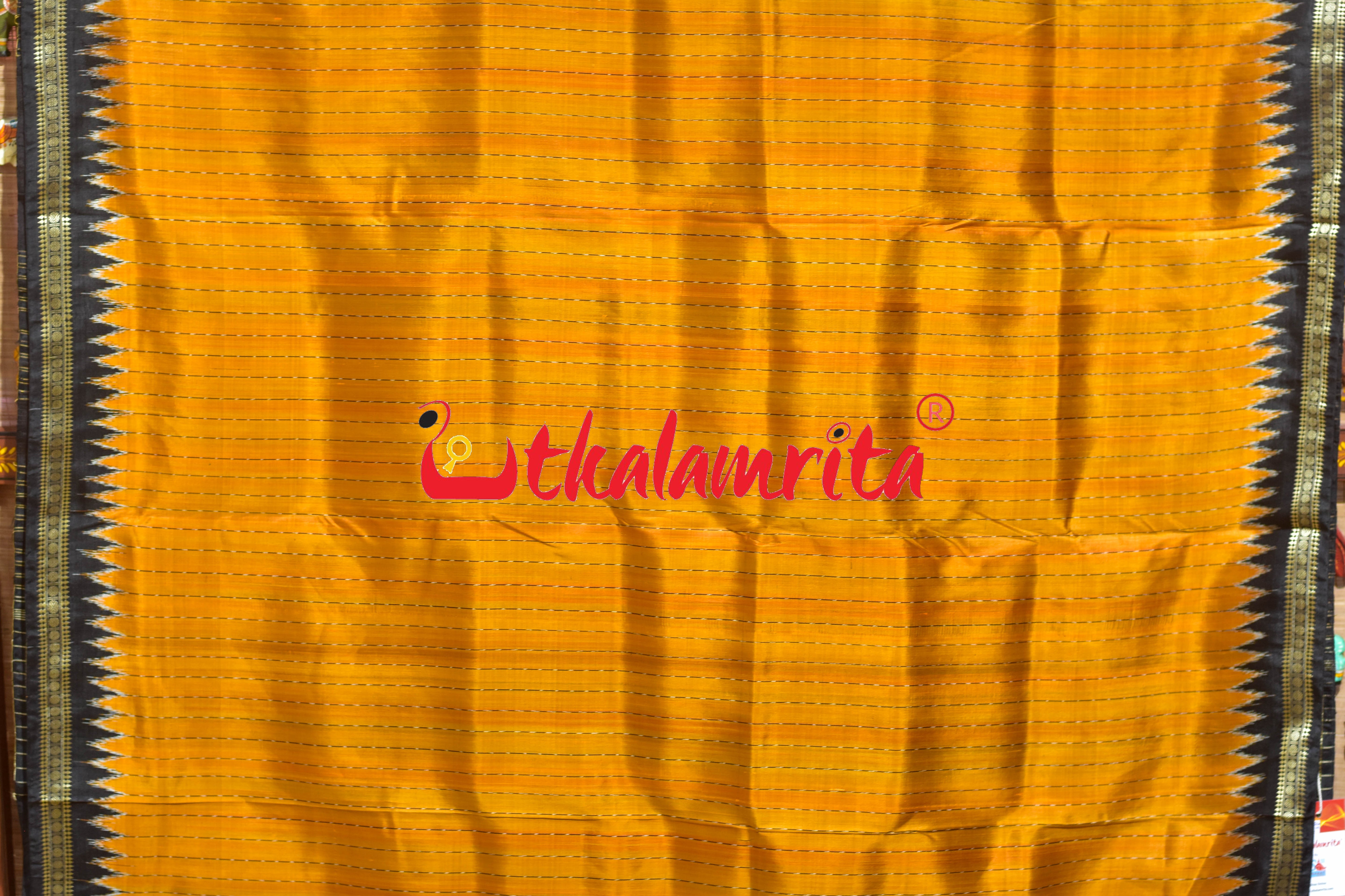 Golden Black Lines Single Flower Khandua Silk Saree