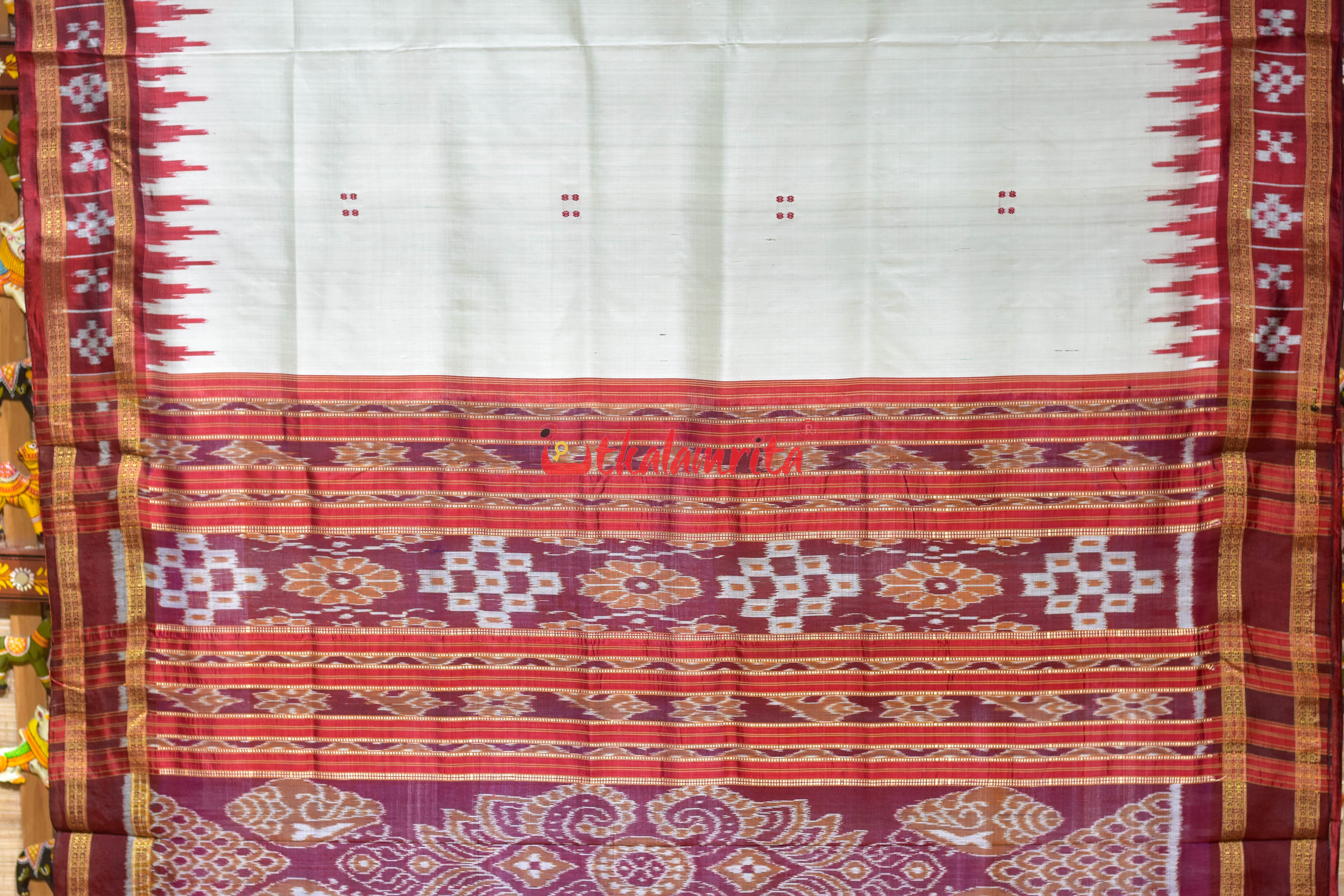 White Maroon Border Pasapali Lines Khandua Silk Saree
