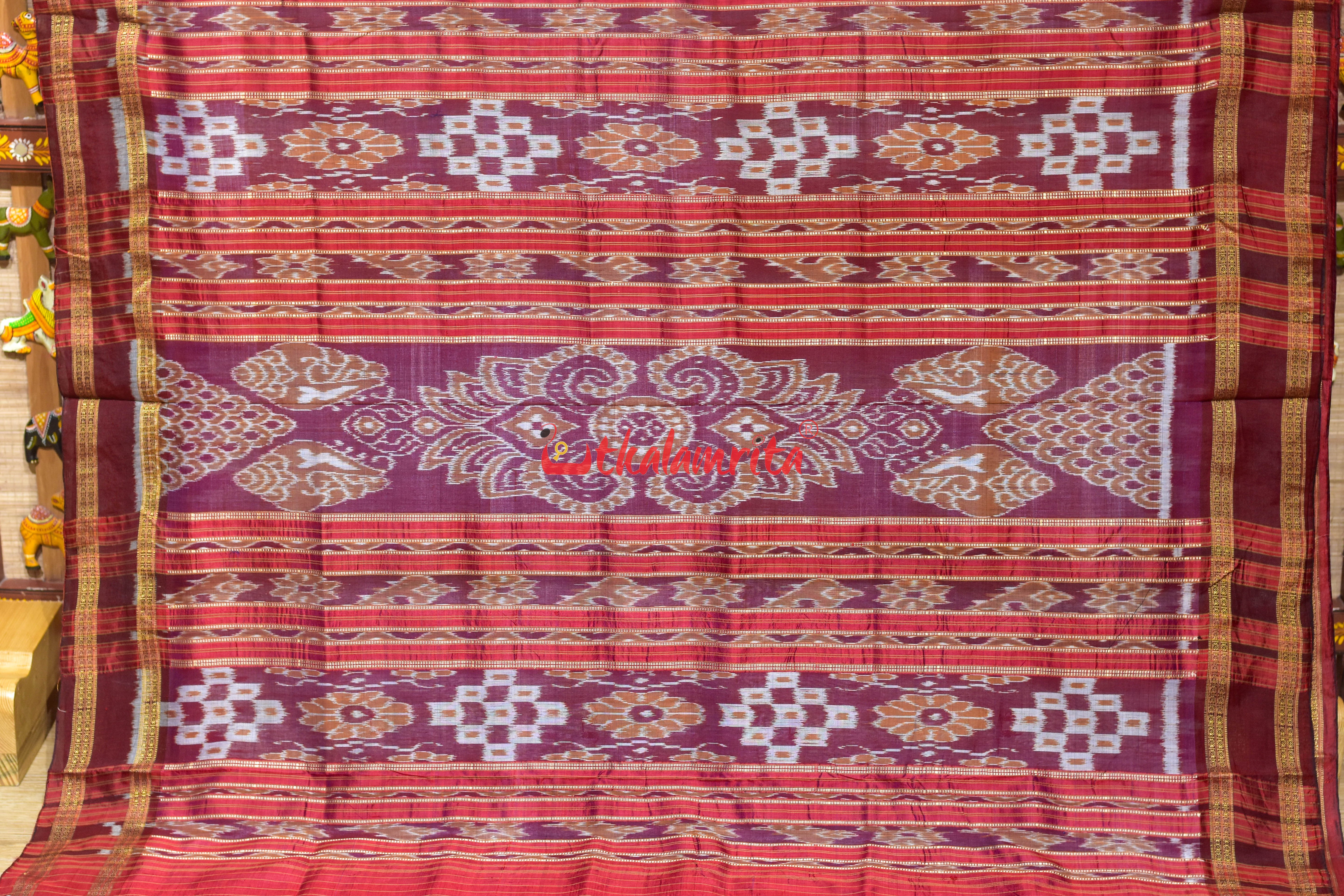White Maroon Border Pasapali Lines Khandua Silk Saree