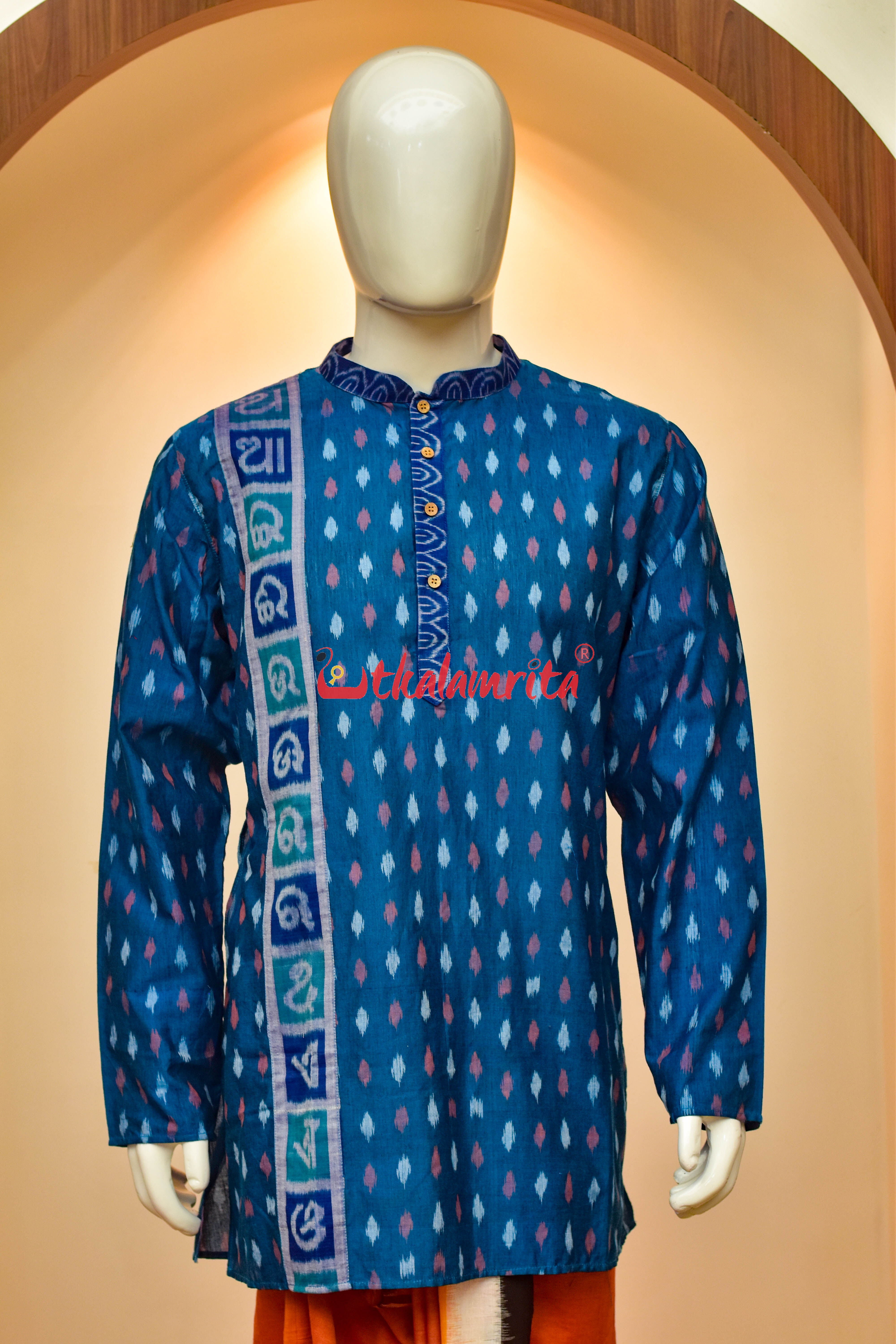 Teal Blue Dots with Odia Alphabets (Men's Short Kurta)