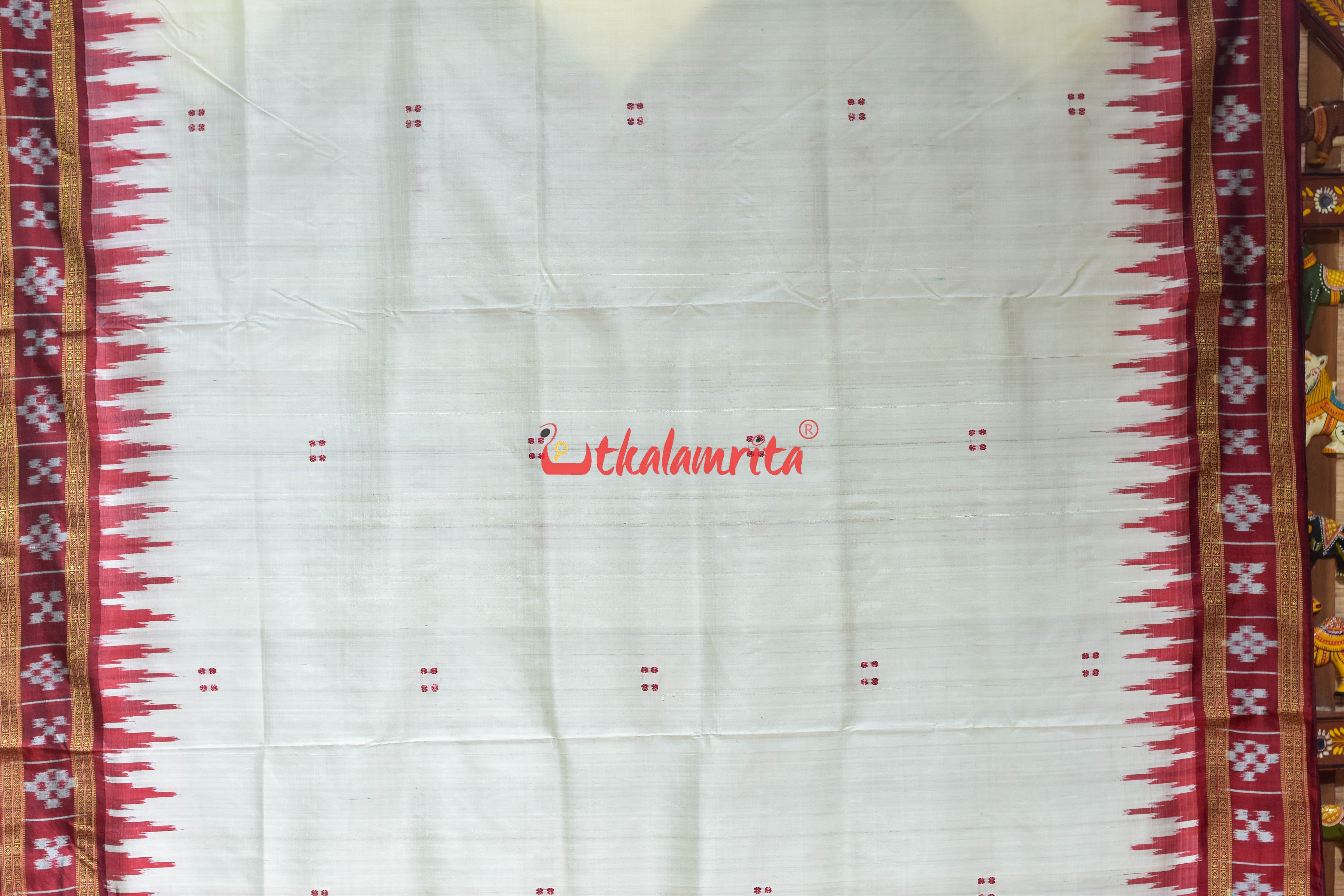 White Maroon Border Pasapali Lines Khandua Silk Saree