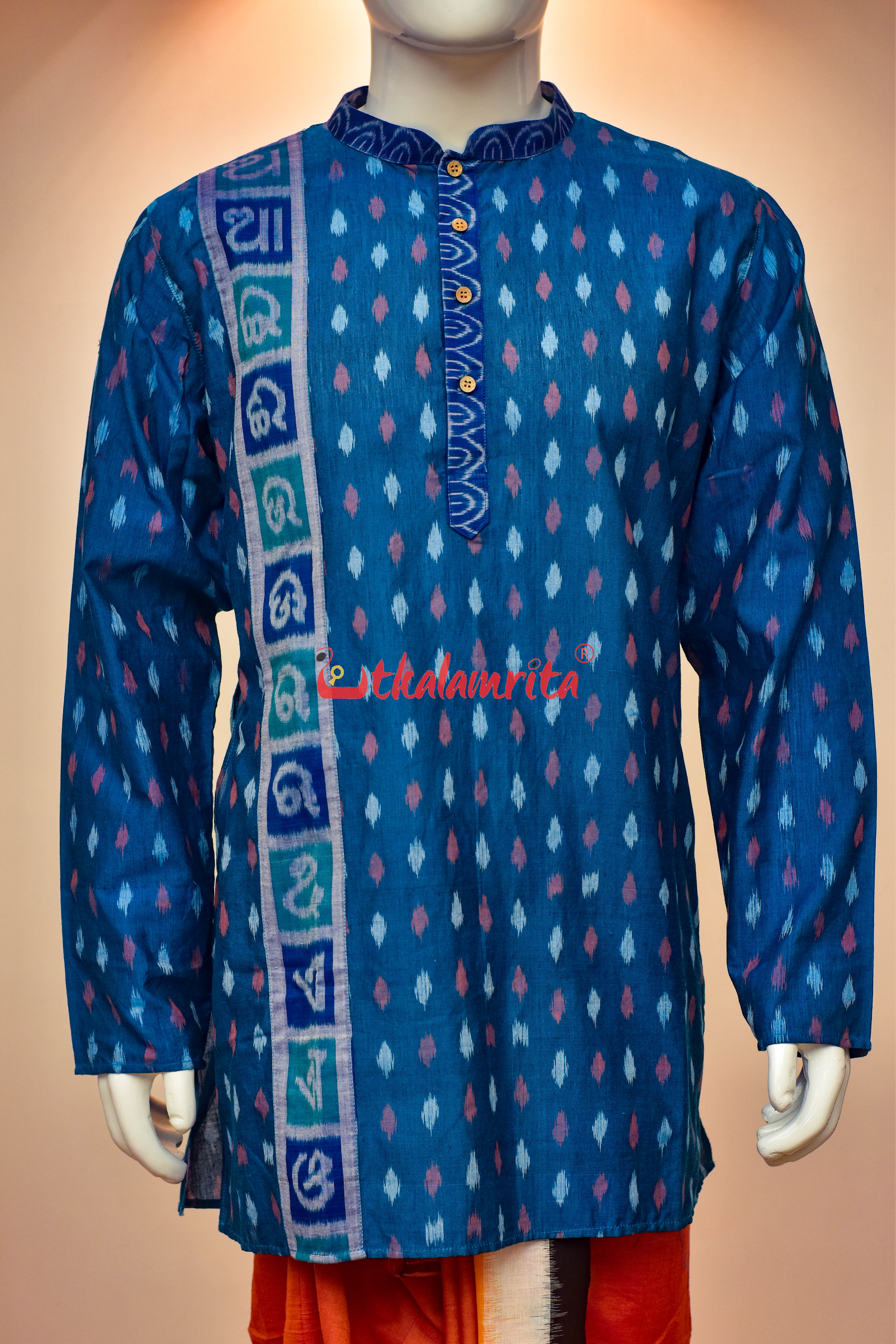 Teal Blue Dots with Odia Alphabets (Men's Short Kurta)