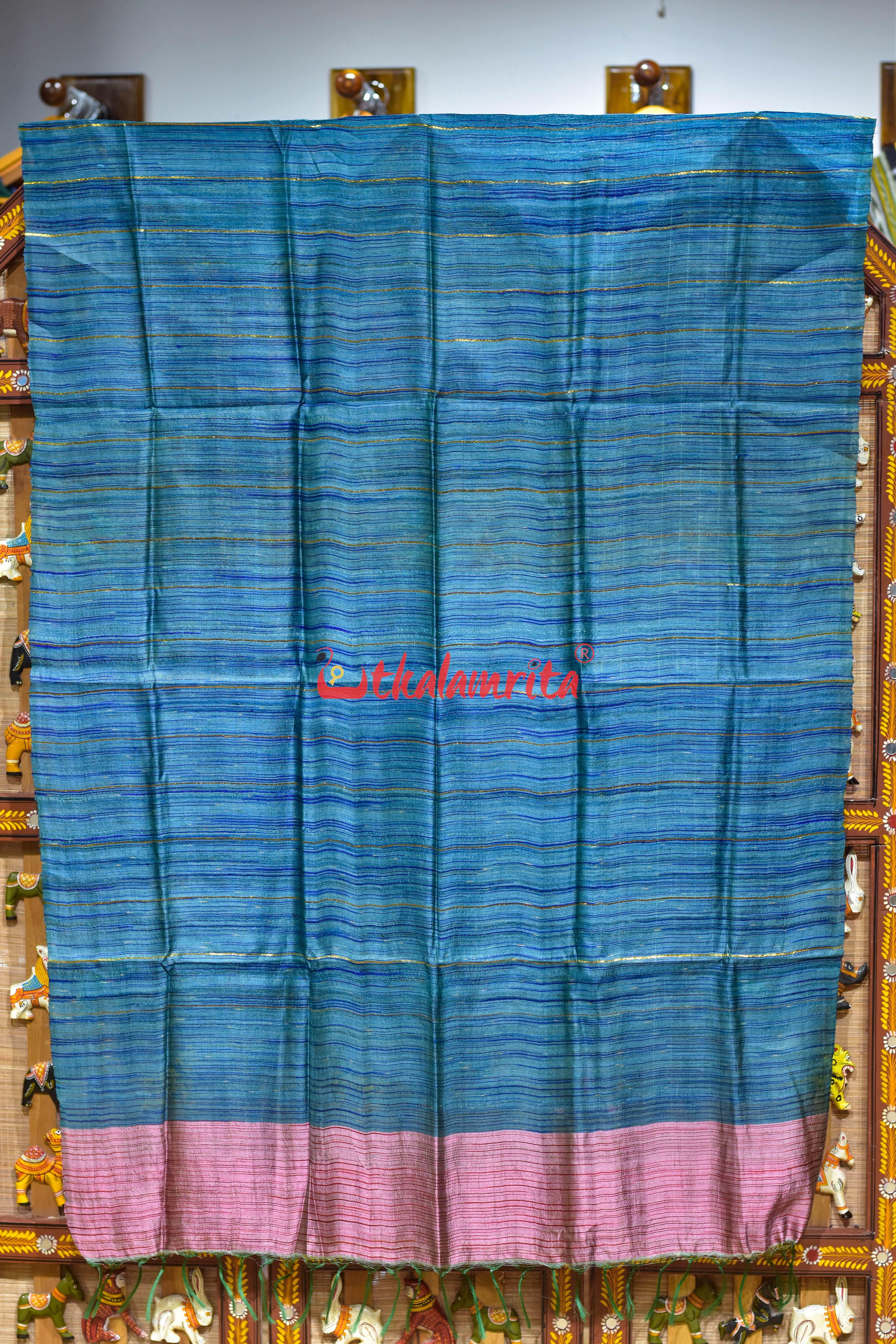 Body Bue with Pink Border Fine Tussar (Dupatta)