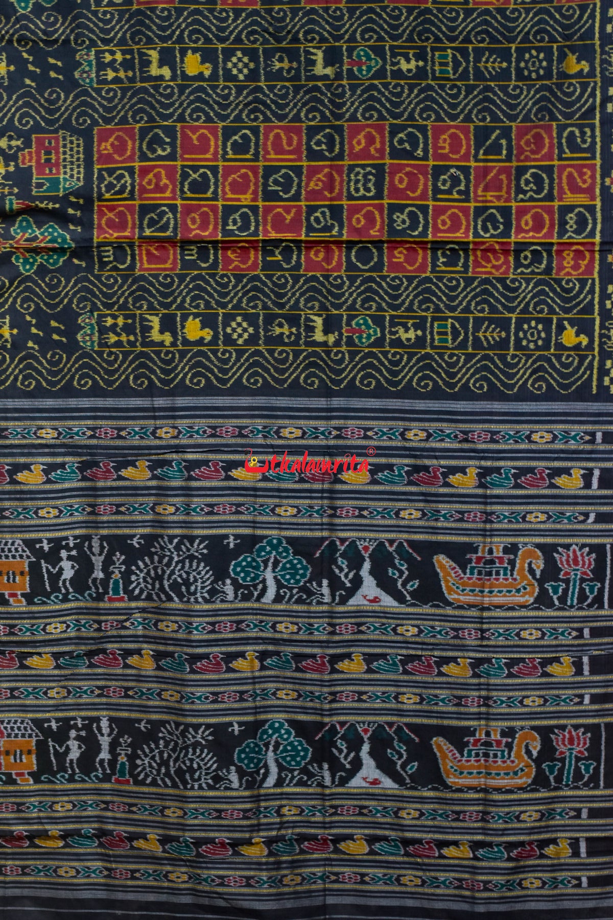 Black Half Half Odia Letters Sambalpuri Cotton Saree