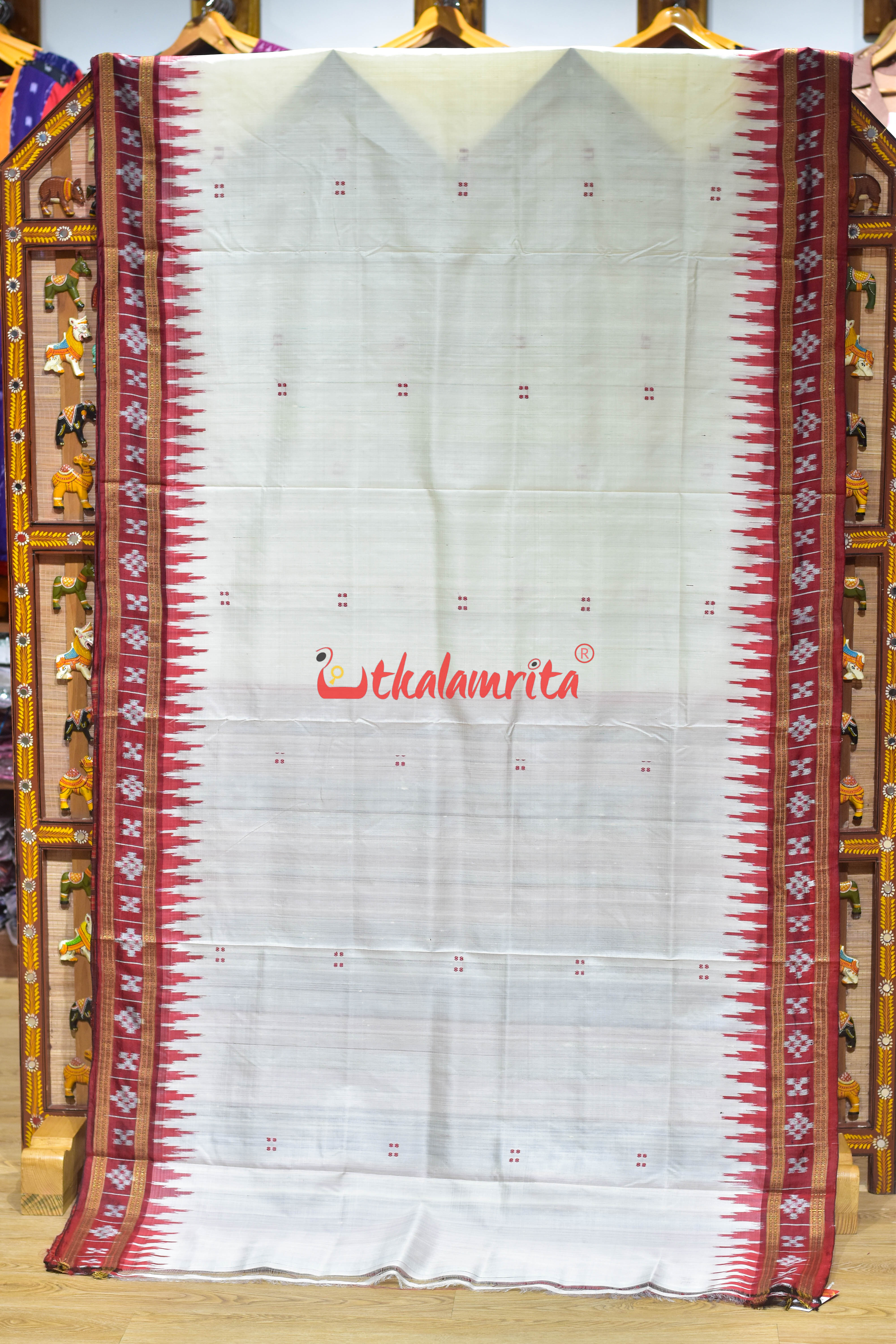 White Maroon Border Pasapali Lines Khandua Silk Saree