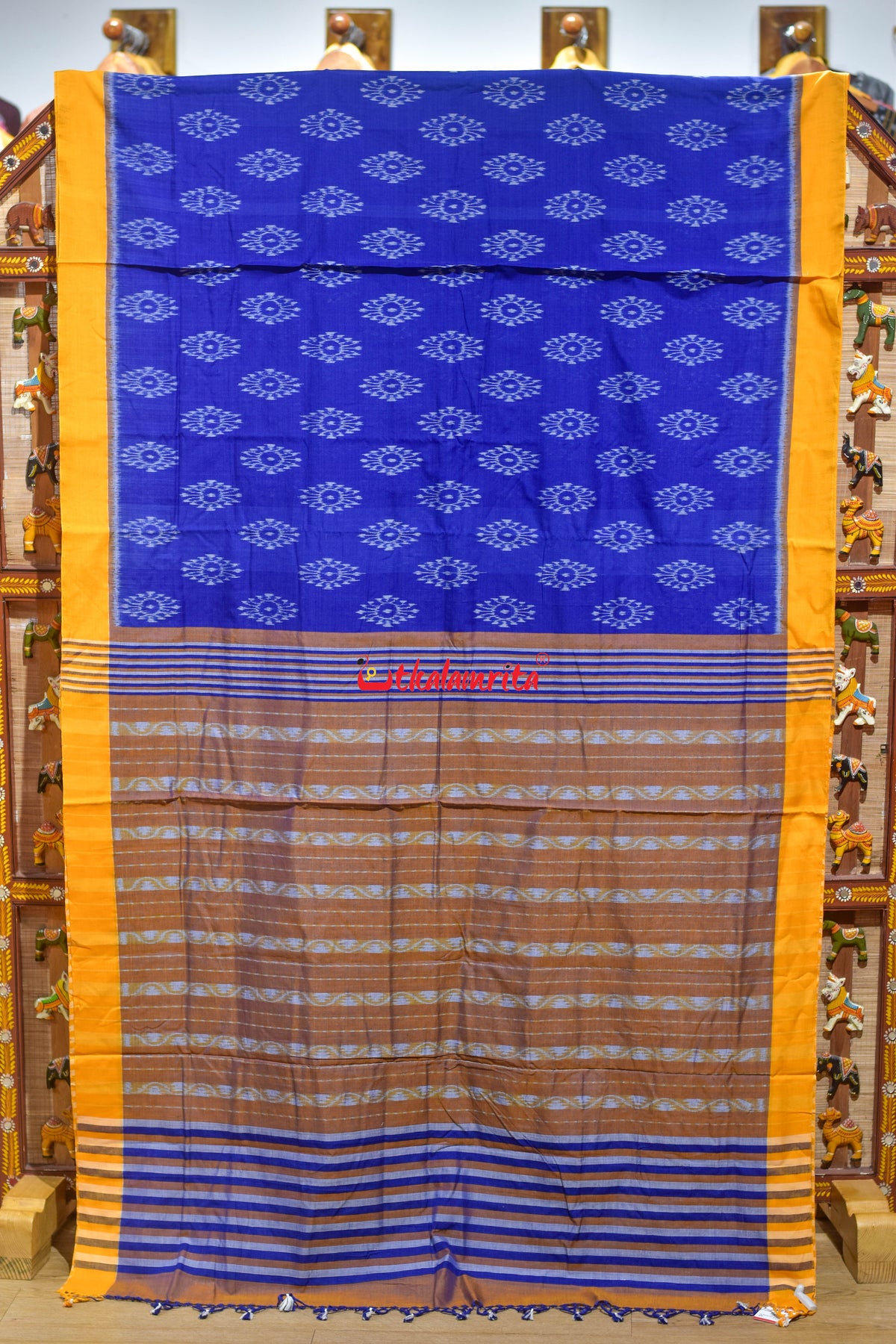 Punji Phula Blue Yellow Maniabandha Cotton Saree