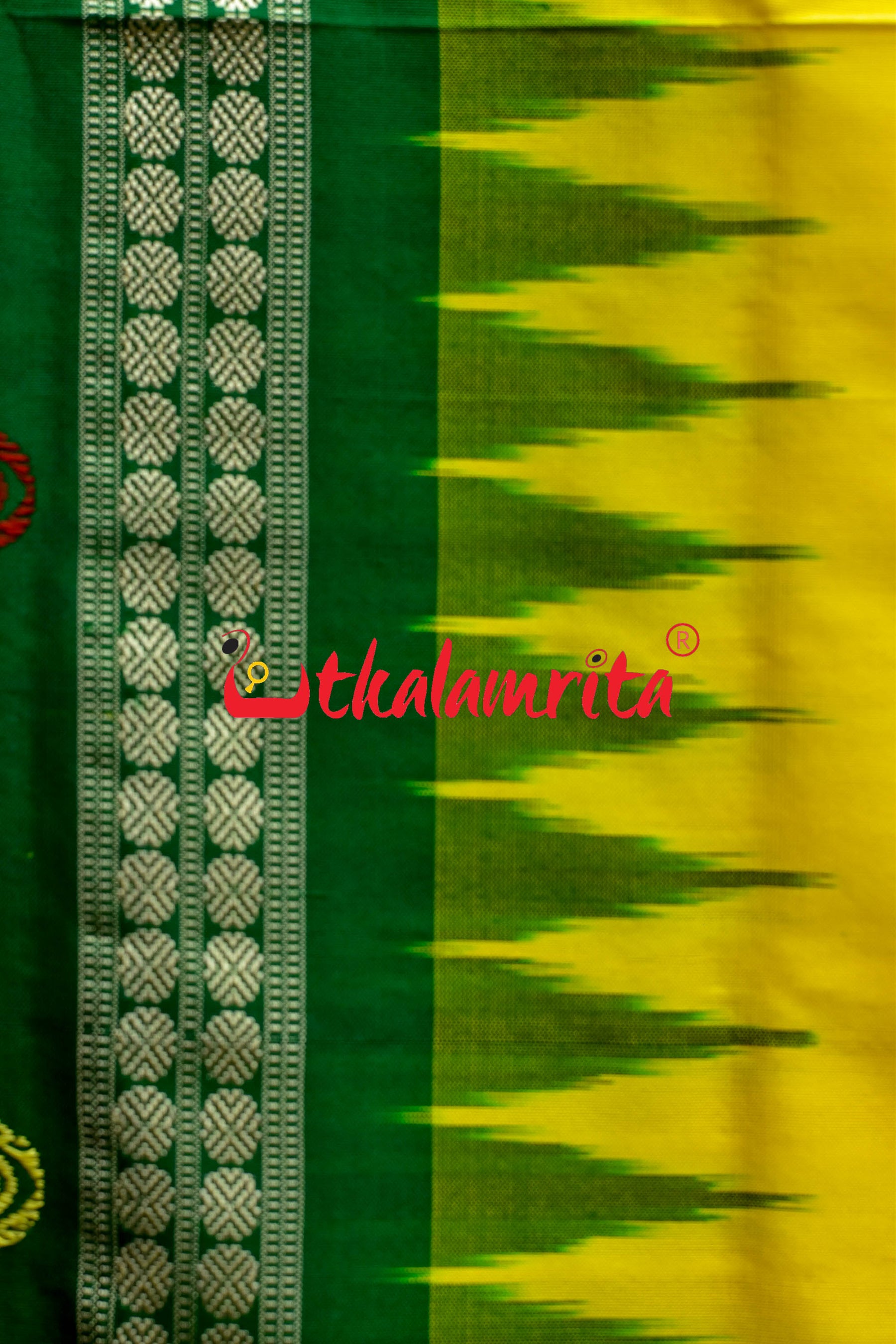Nilachakra Yellow Green Bomkai Silk Saree