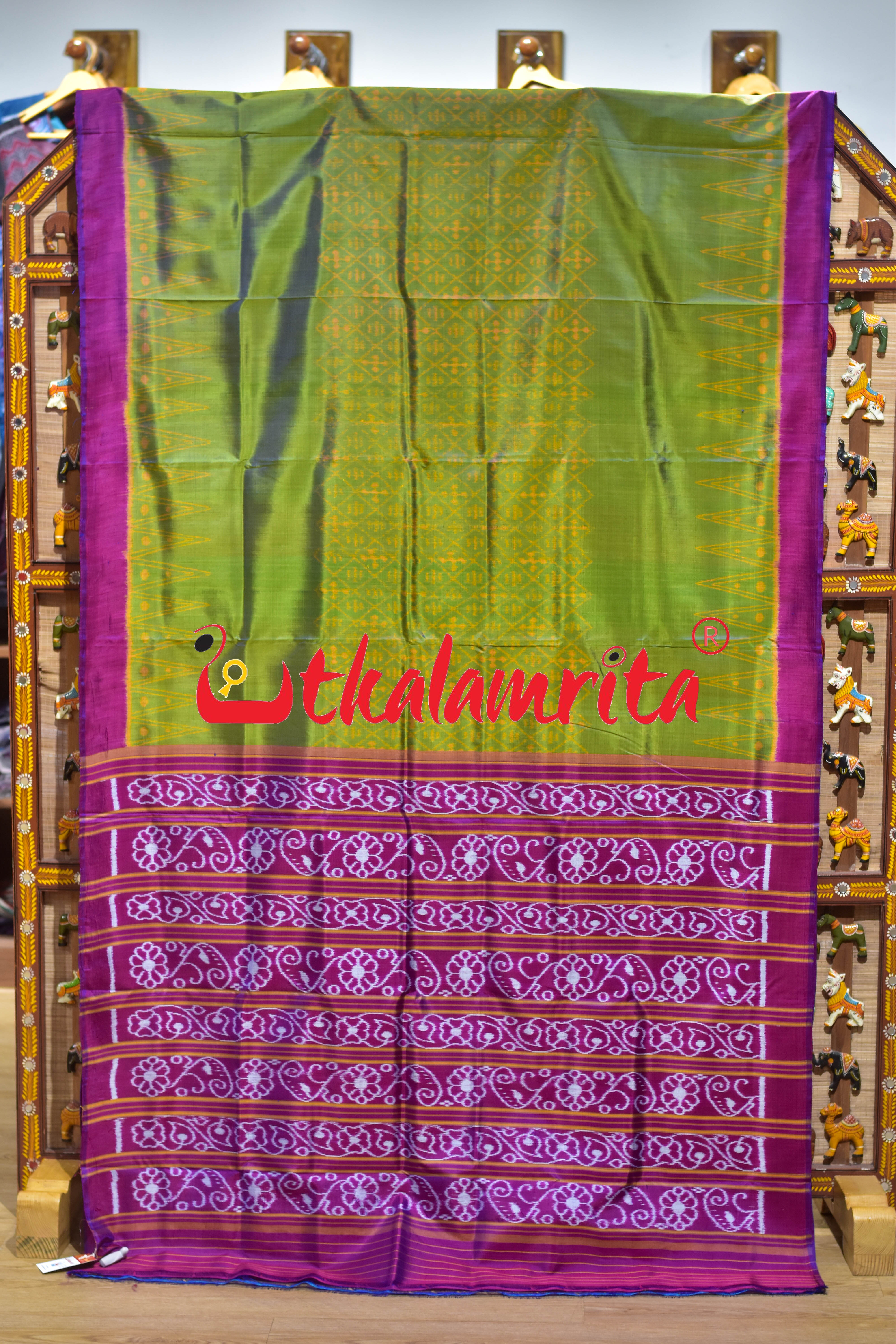 Lemon Green Magenta Khandua Silk Saree