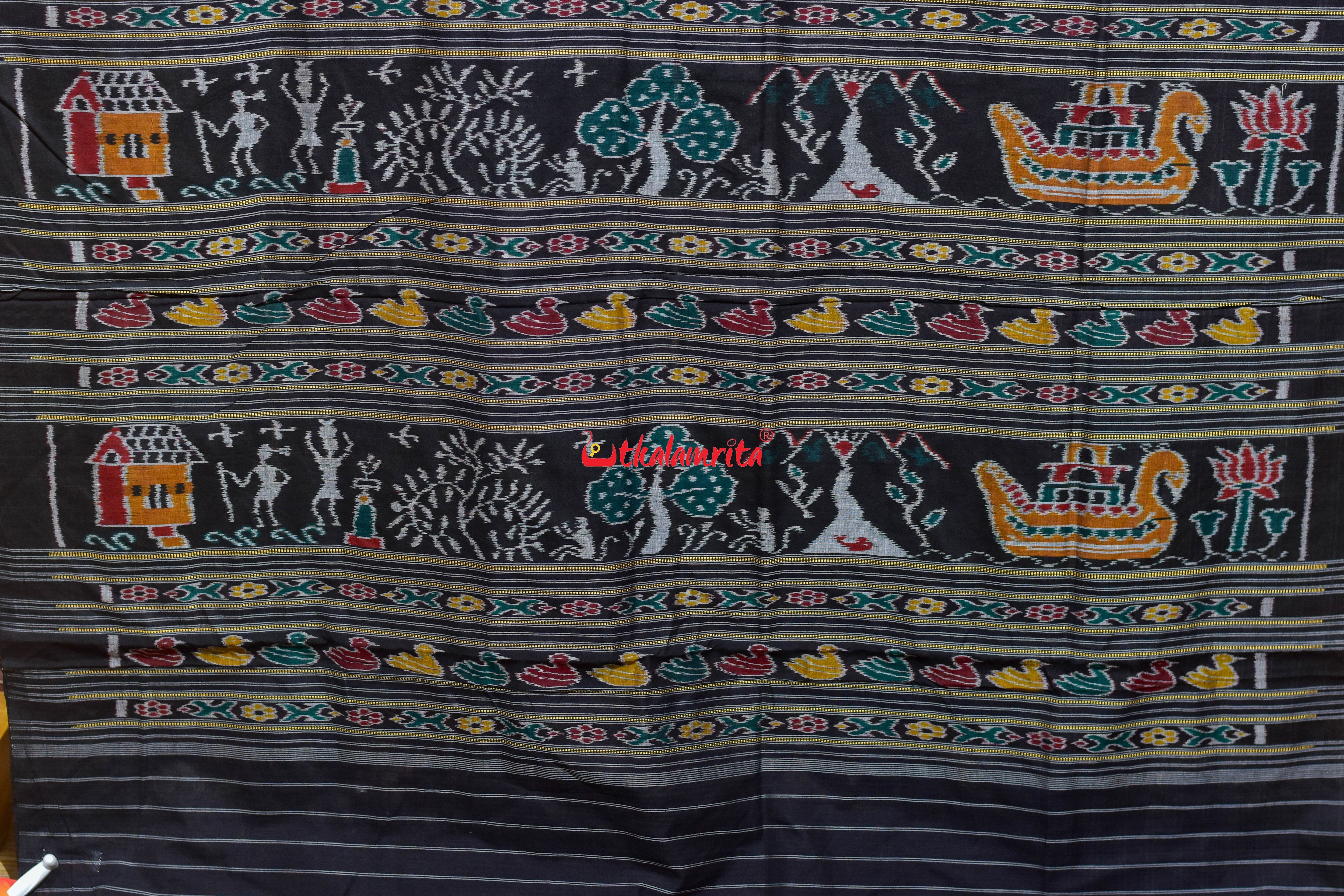 Black Half Half Odia Letters Sambalpuri Cotton Saree