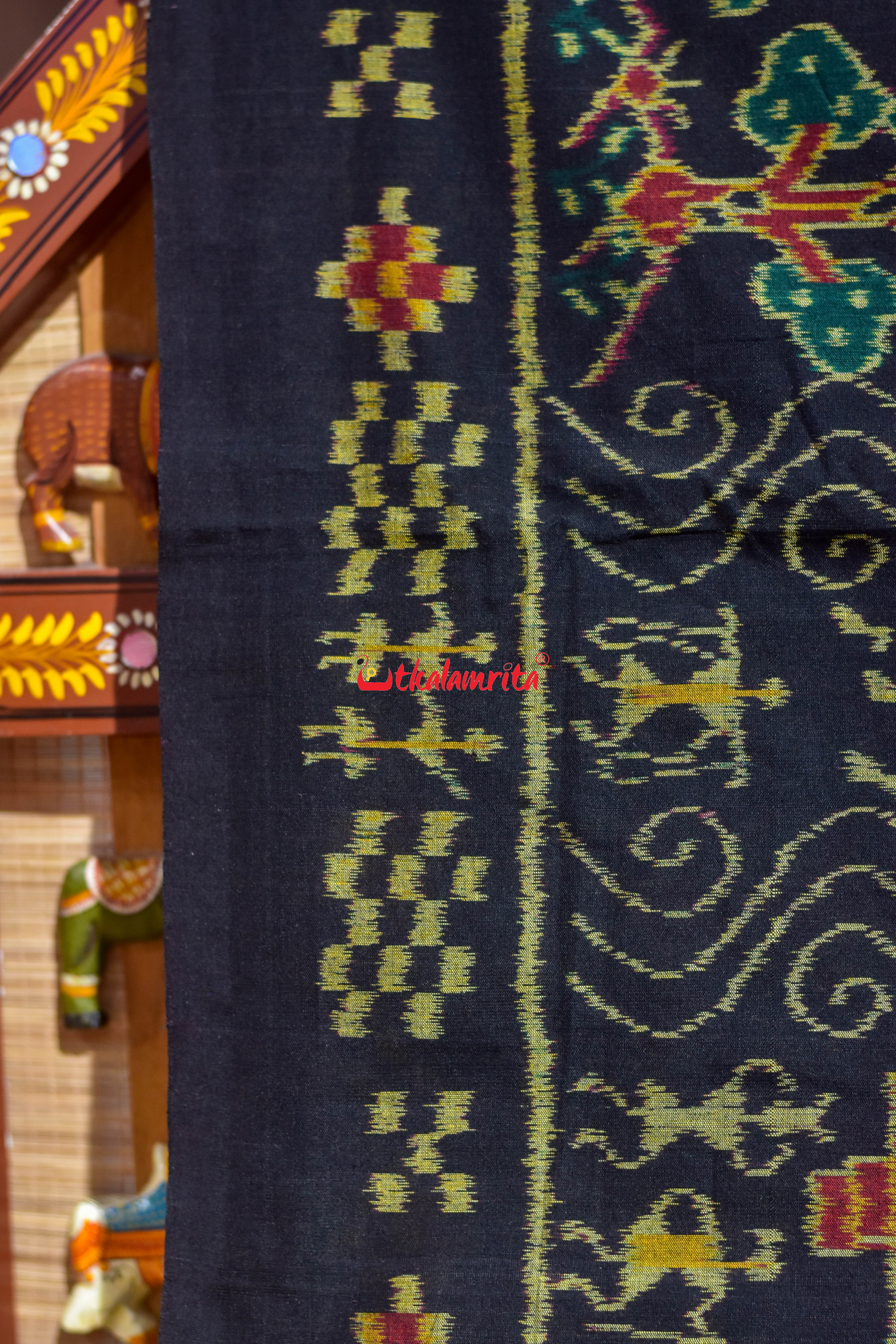 Black Half Half Odia Letters Sambalpuri Cotton Saree