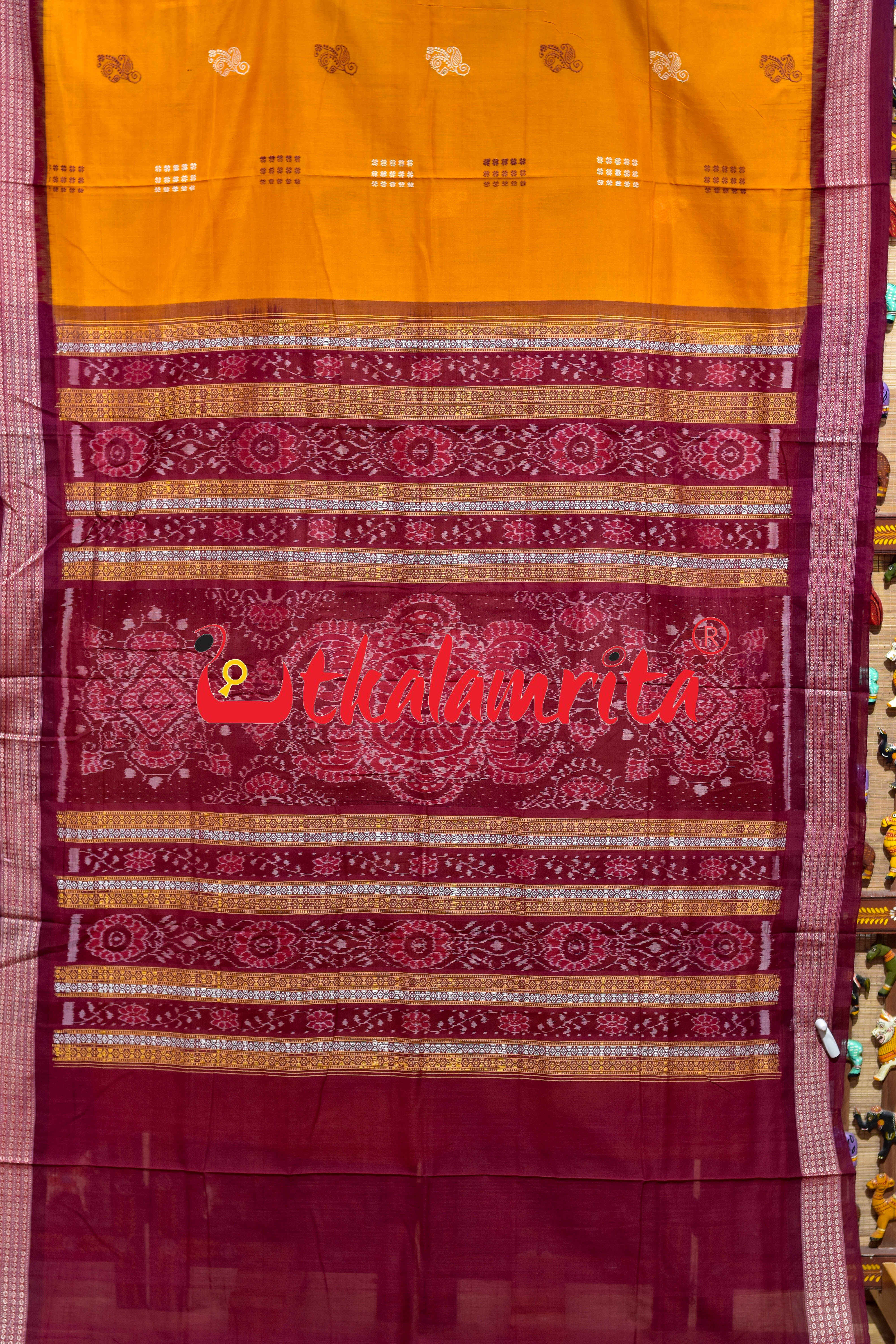 Mustard Maroon Phula Bomkai Cotton Saree