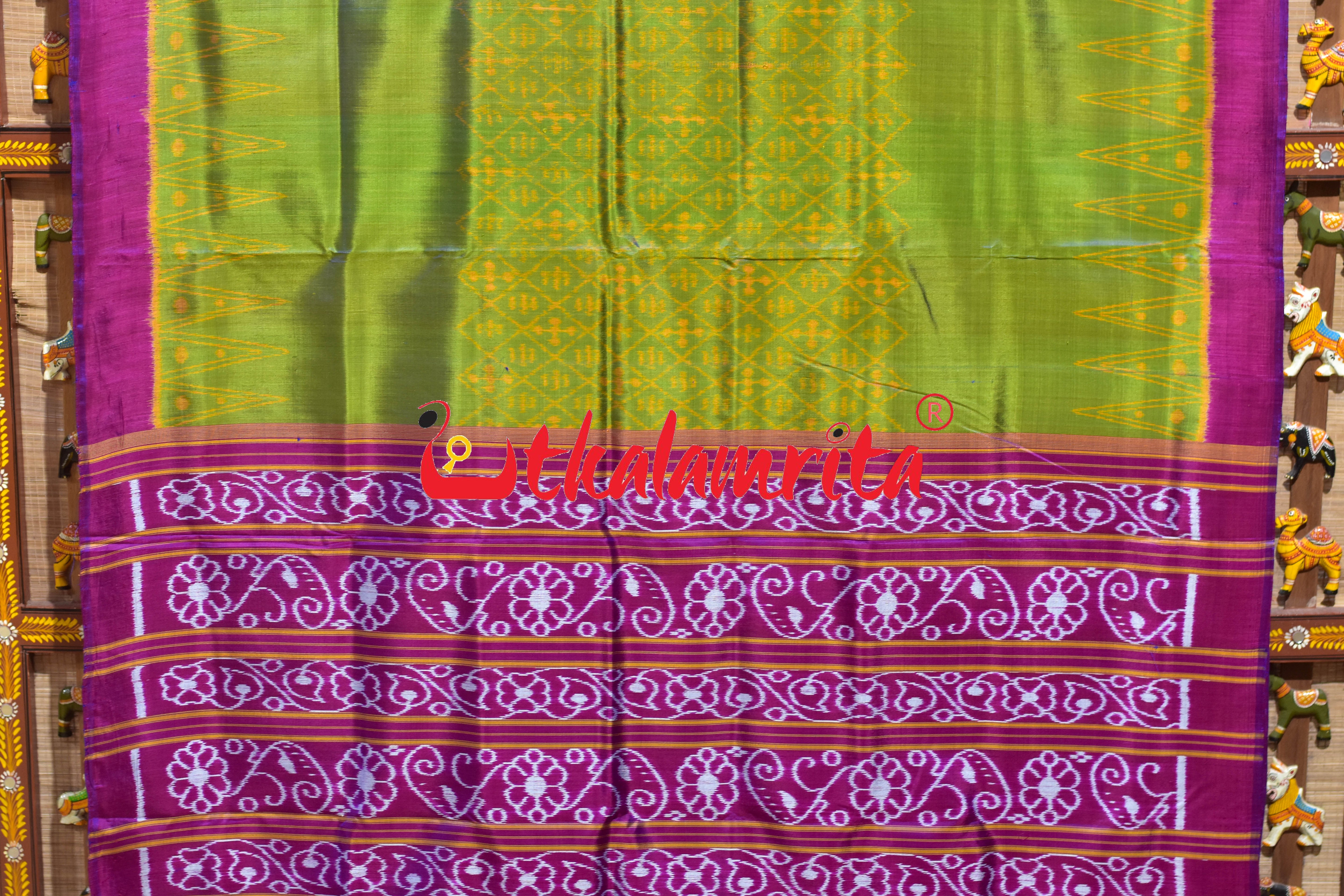 Lemon Green Magenta Khandua Silk Saree