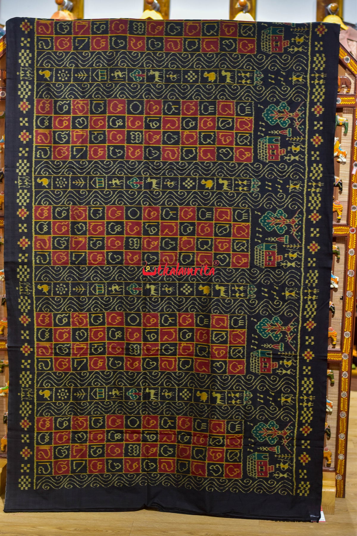 Black Half Half Odia Letters Sambalpuri Cotton Saree