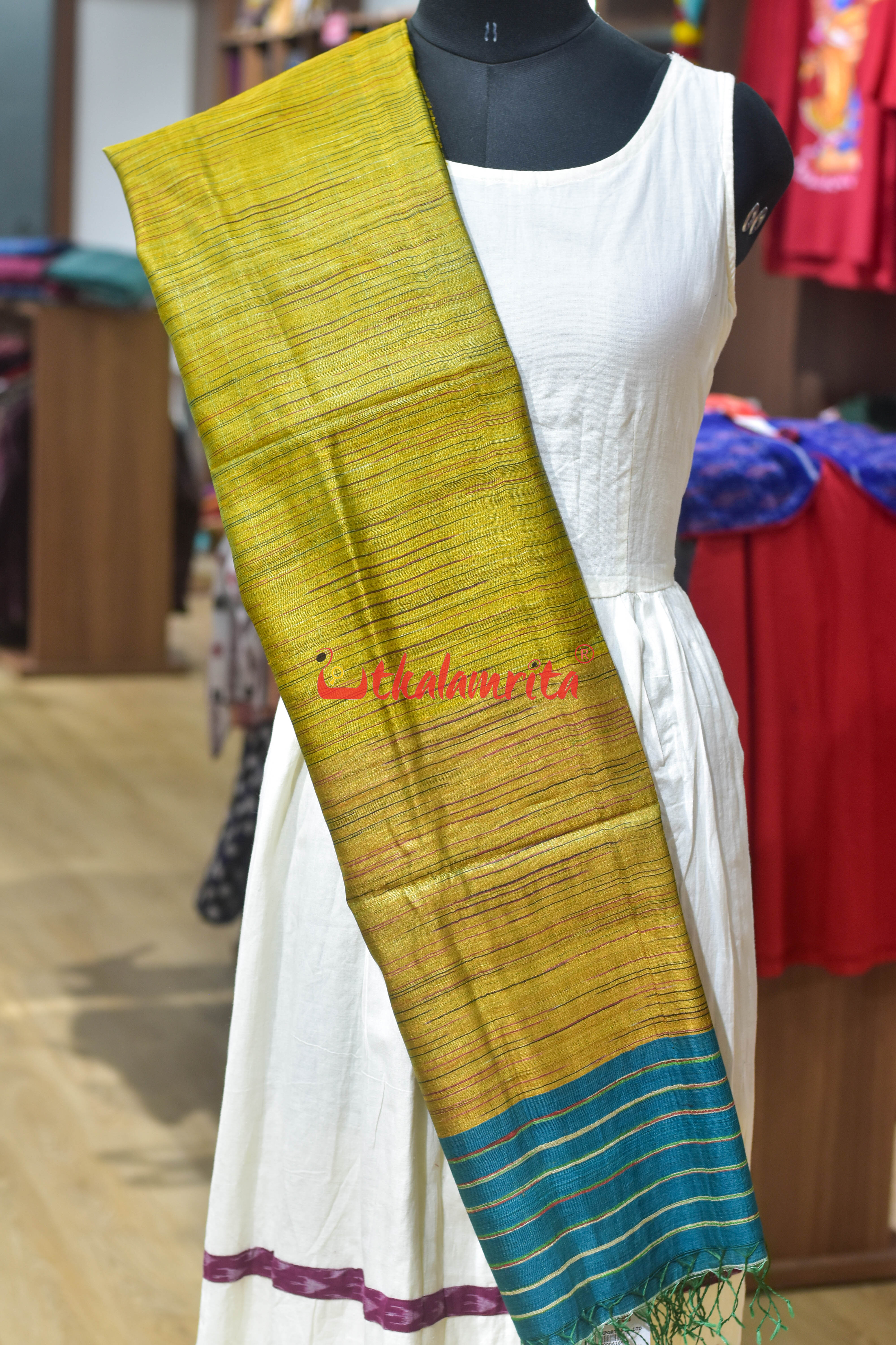 Golden Teal Border Fine Tussar Silk (Dupatta)