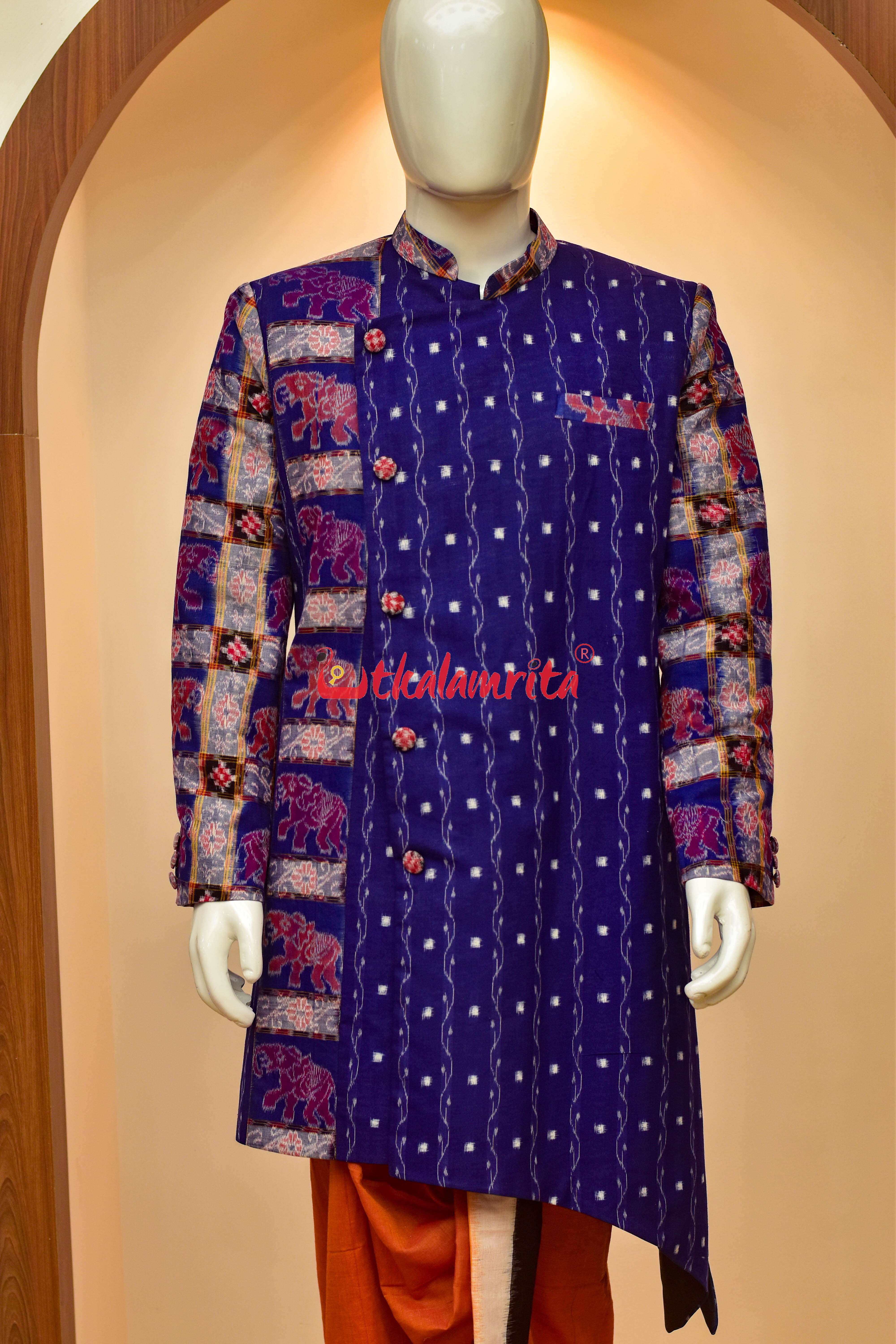 Blue Lahari Tipa with Elephants Design (Men's Sherwani)